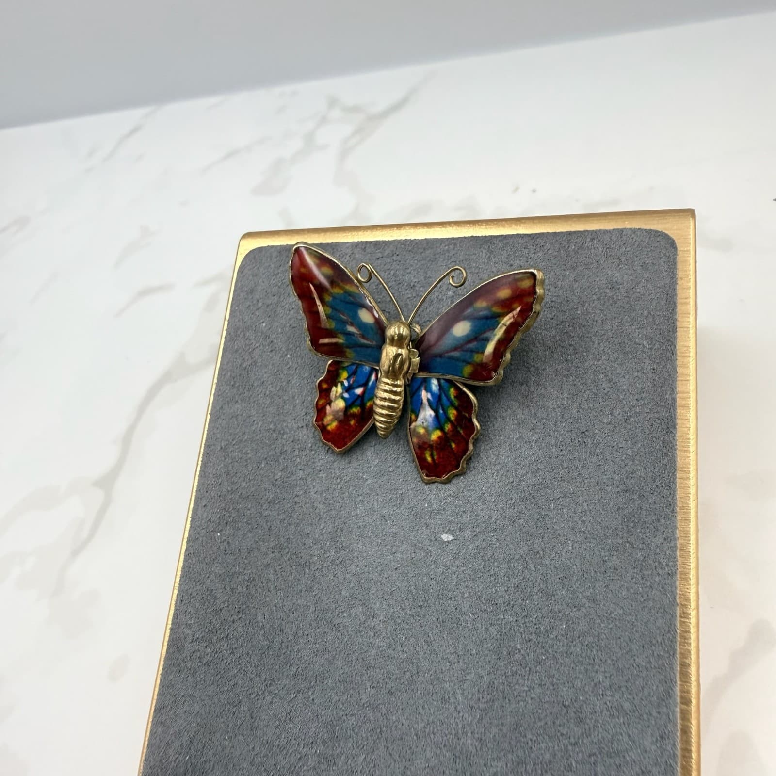 Vintage Butterfly Multicolored Hand-Painted Gold-Toned Retro Enamel Brooch Pin - Thumbnail 3