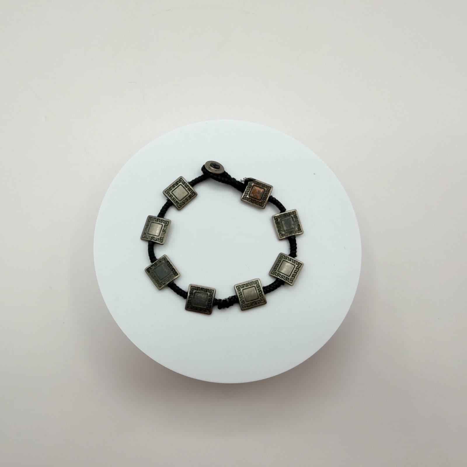 VTG Y2K Silver Tone Square Greek Key Panel Bracelet Black Cord Women's Jewelry - Thumbnail 6