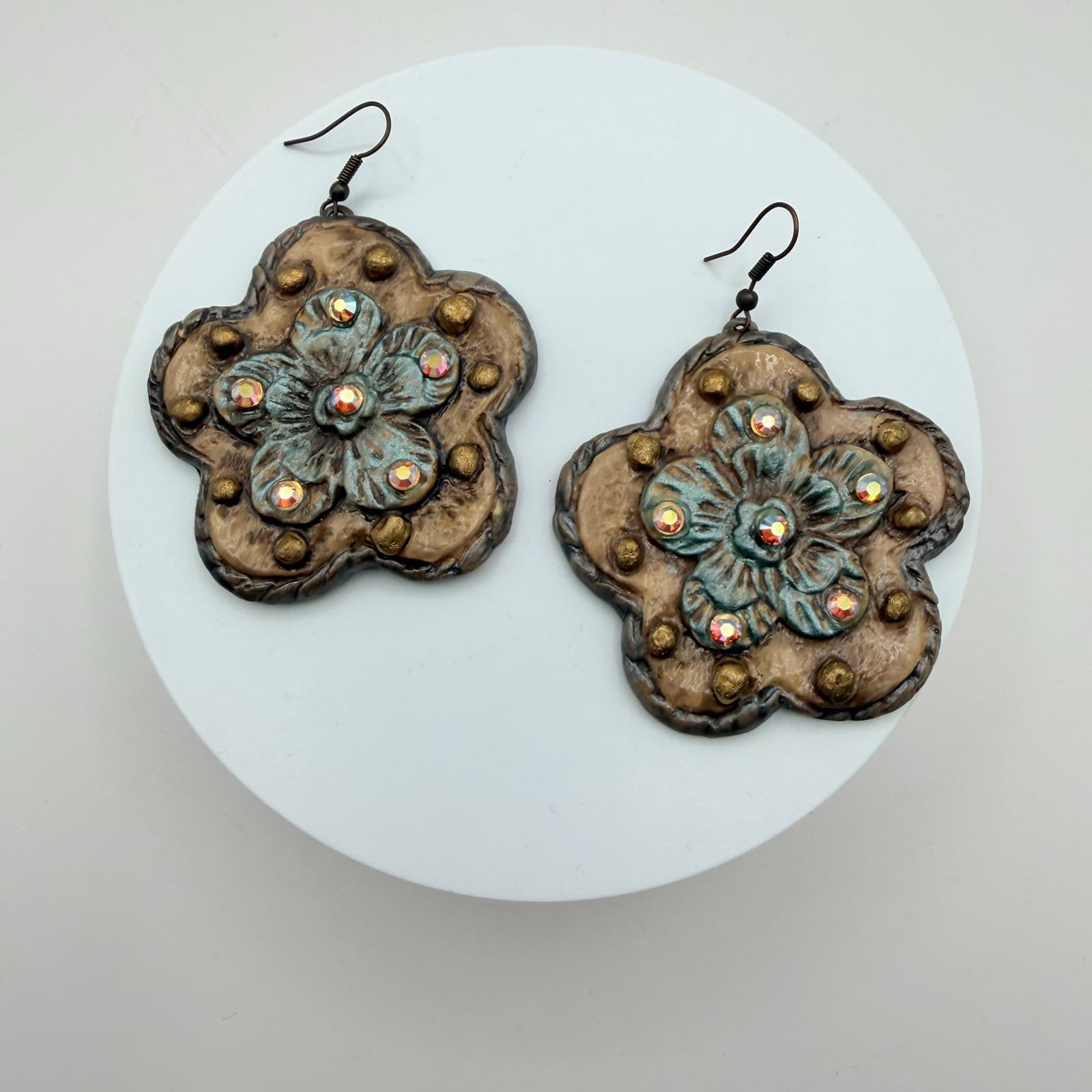 Vintage 90s Flower Drop Earrings Glass Rhinestone Women's Classic Jewelry - Thumbnail 2