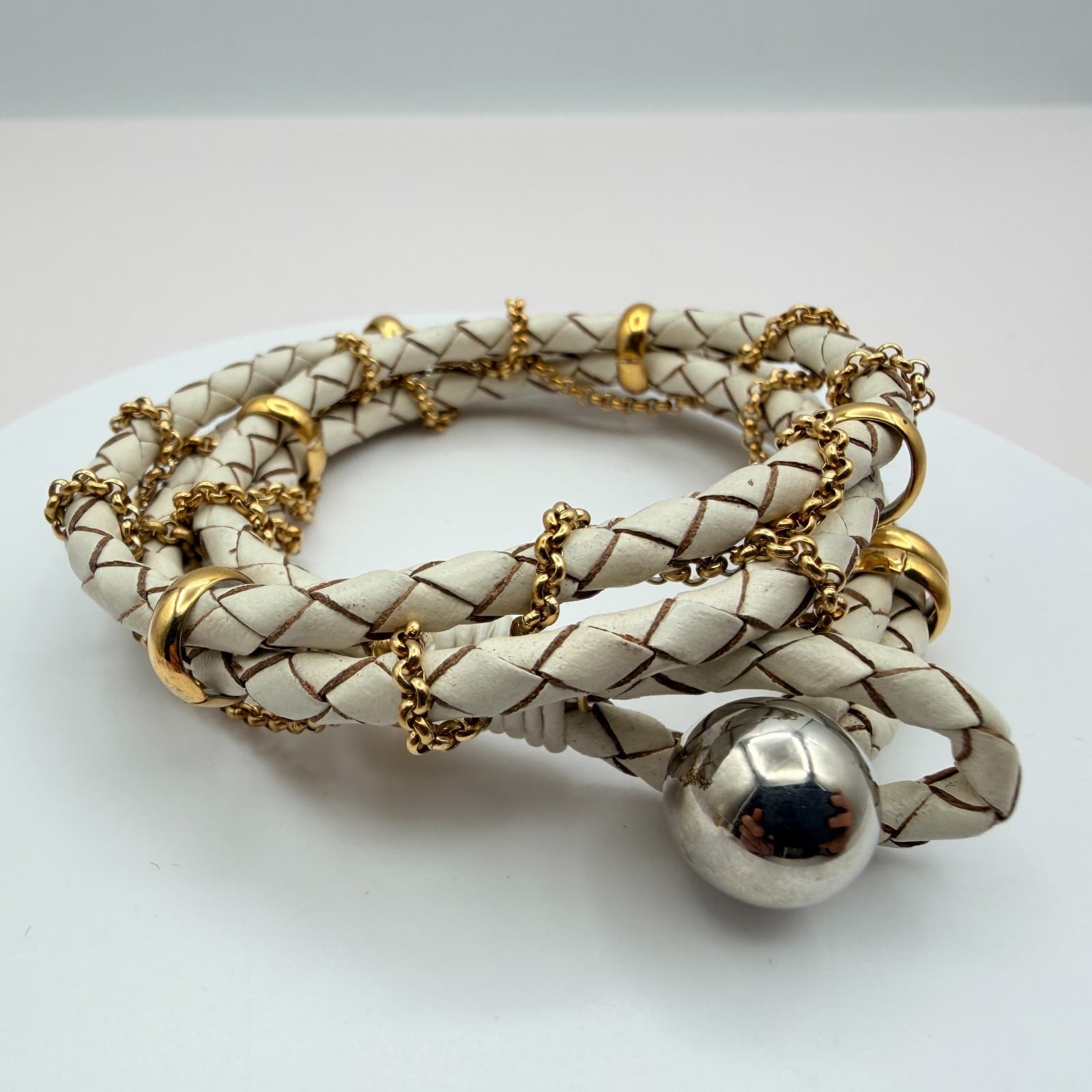 Vintage 90s White Gold Tone Multi Wrap Bracelet Braided Leather Women's Jewelry - Thumbnail 3