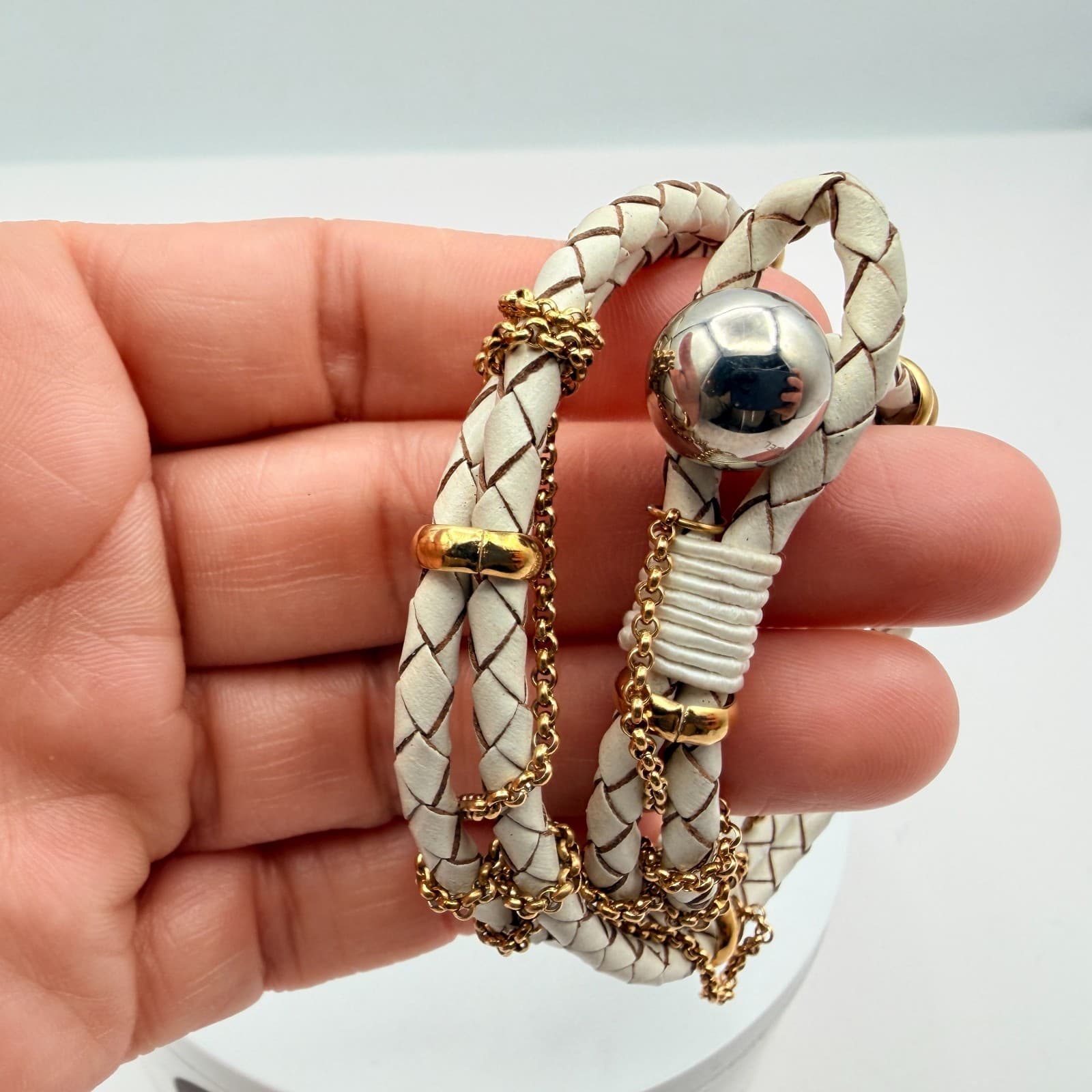 Vintage 90s White Gold Tone Multi Wrap Bracelet Braided Leather Women's Jewelry - Thumbnail 7