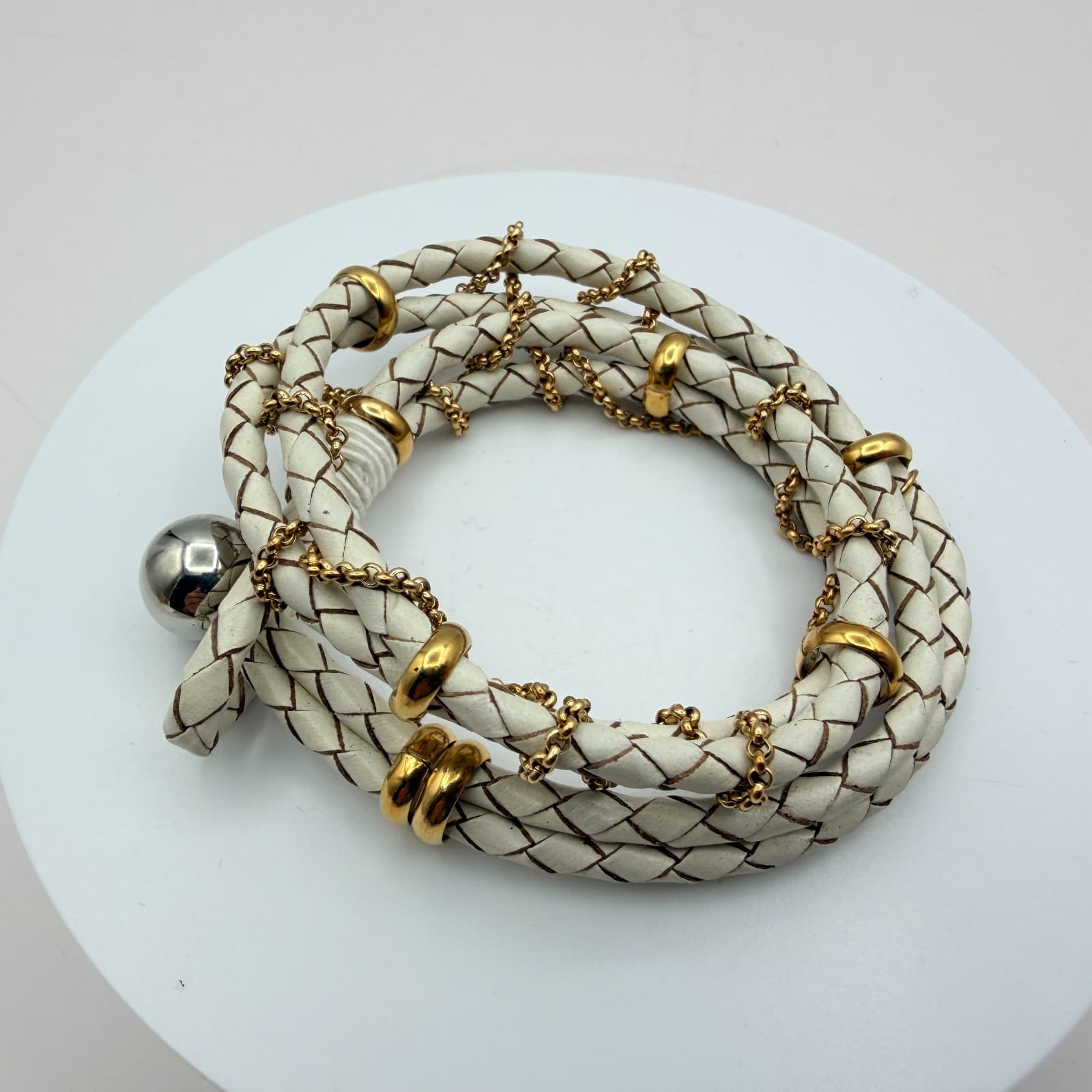 Vintage 90s White Gold Tone Multi Wrap Bracelet Braided Leather Women's Jewelry - Thumbnail 5