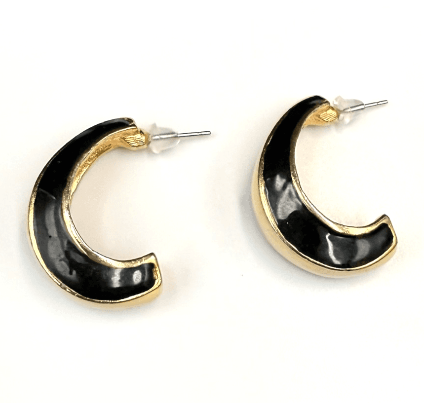 Vintage Black Enamel & Gold-Tone Post Back Chunky C-Hoop Earrings For Womens - Image 1