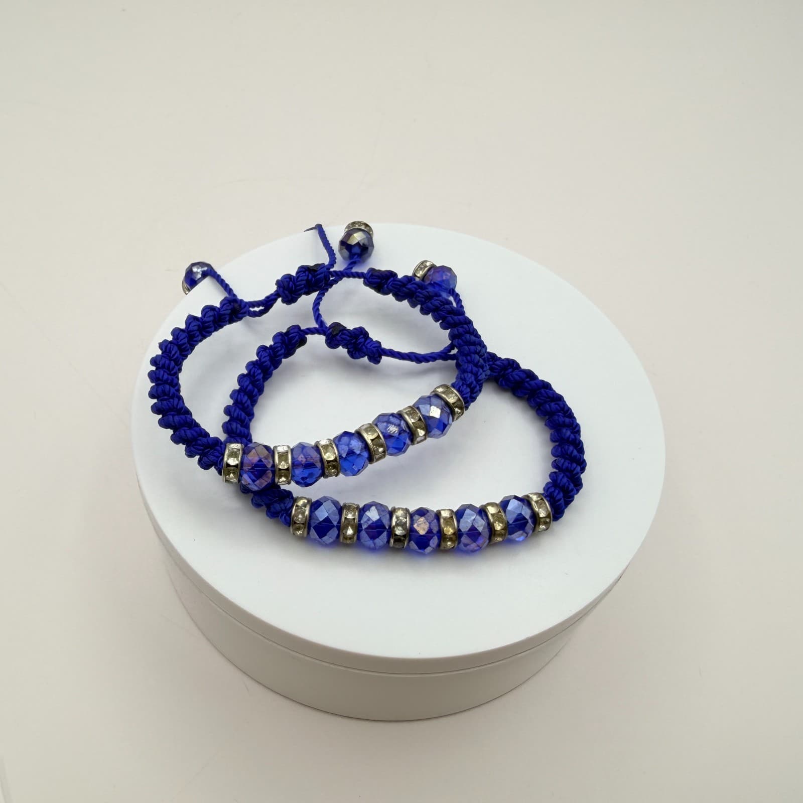 Vintage 90s Blue Beaded Rhinestone Macrame Bracelet 2 Pics Silver Tone Jewelry - Thumbnail 7