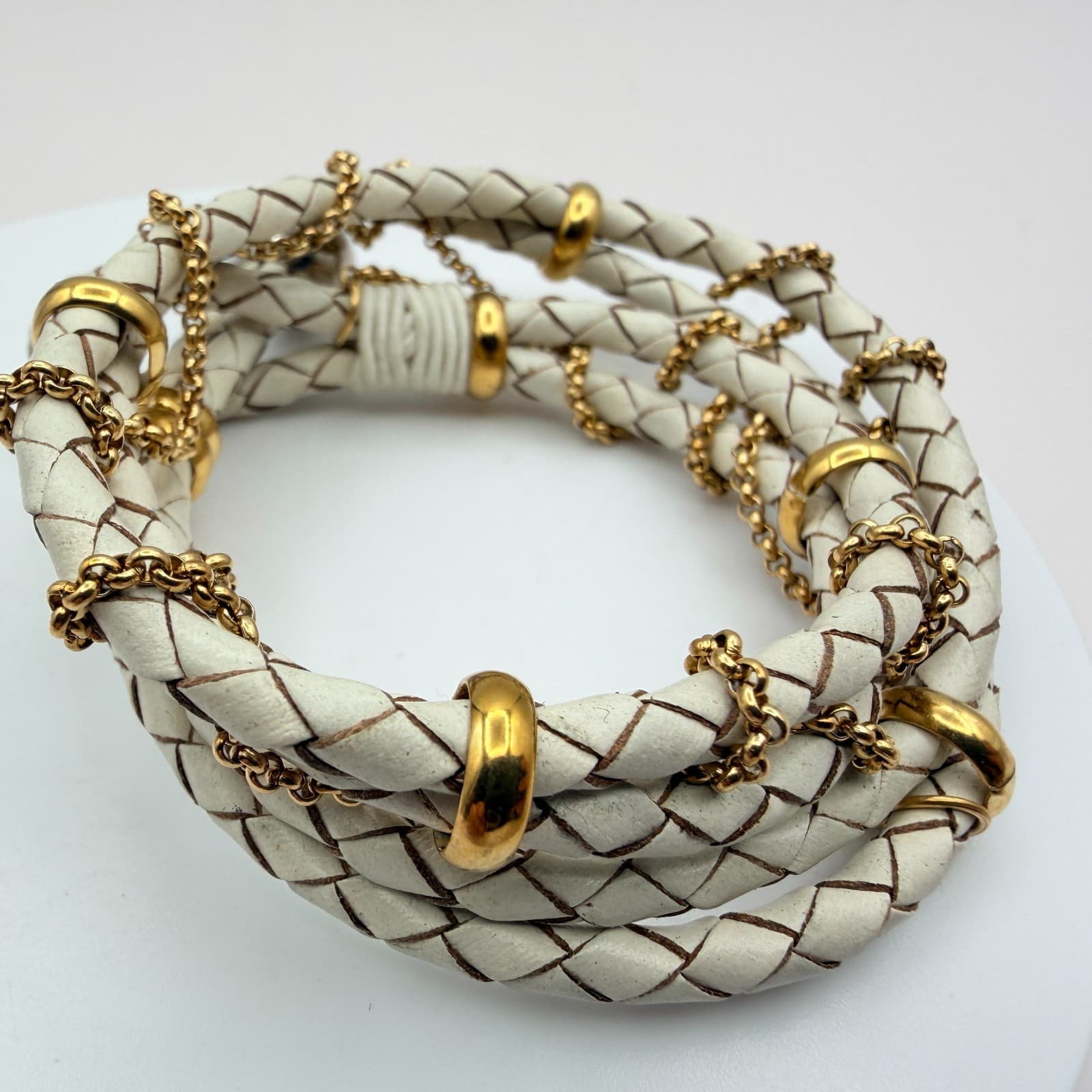 Vintage 90s White Gold Tone Multi Wrap Bracelet Braided Leather Women's Jewelry - Thumbnail 2