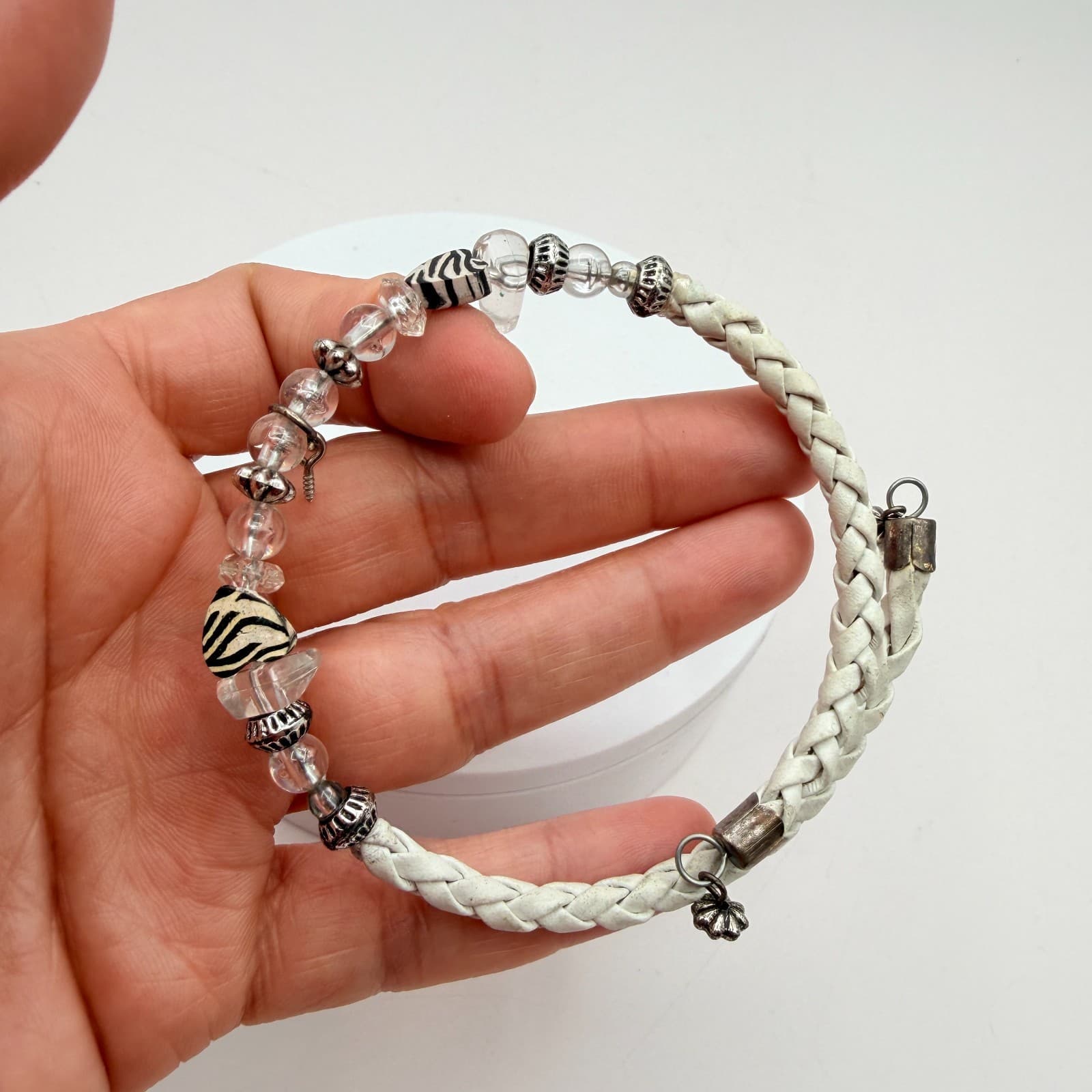 Vintage Y2K Silver Tone White Braided Leather Bracelet Beaded Zebra Stripe Charm - Thumbnail 8
