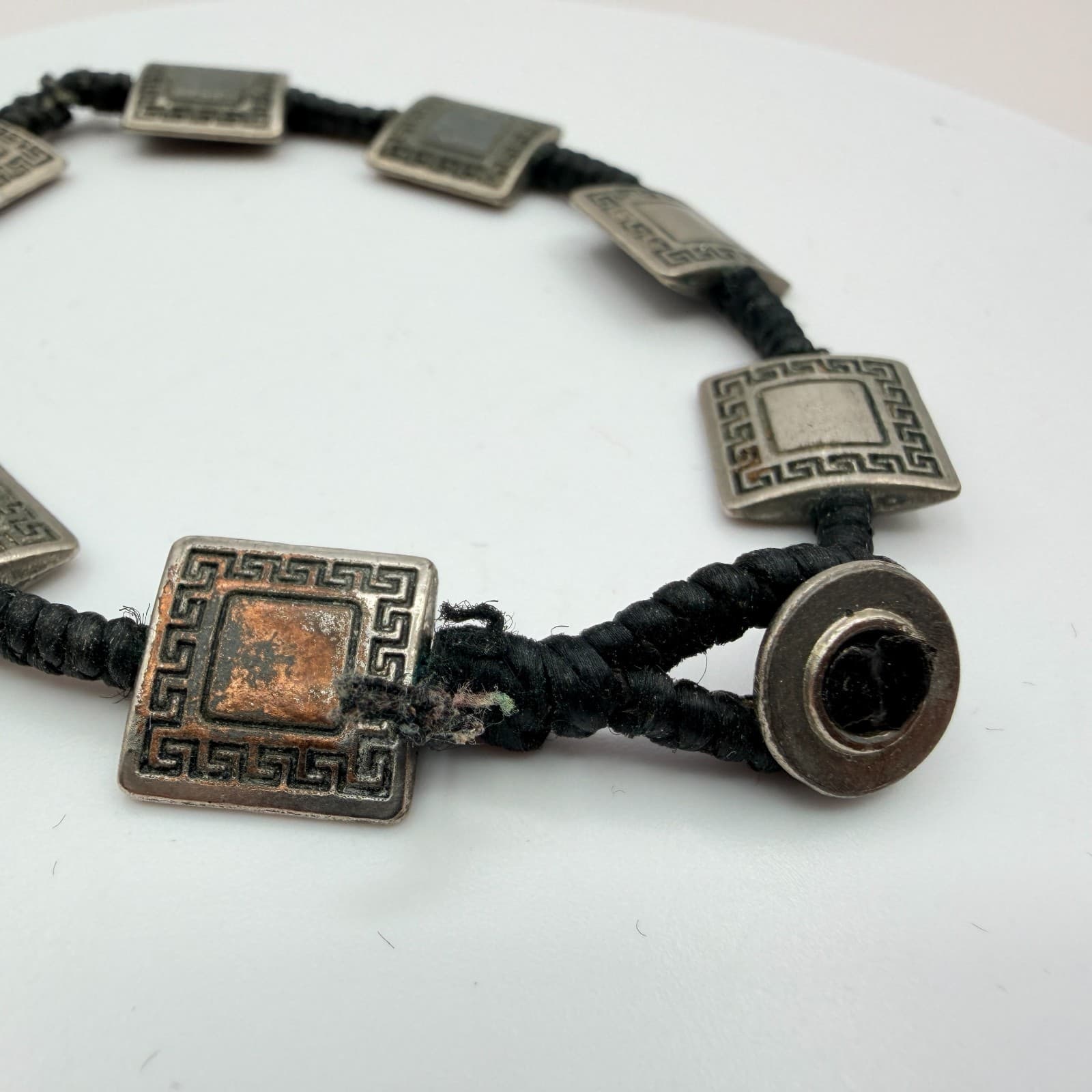 VTG Y2K Silver Tone Square Greek Key Panel Bracelet Black Cord Women's Jewelry - Thumbnail 7