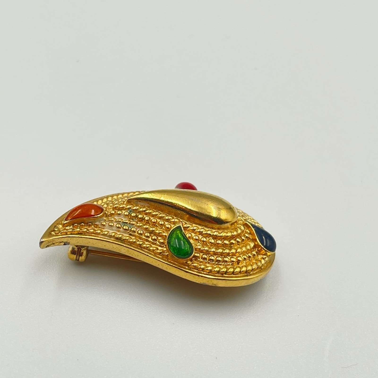 Vintage VTG Teardrop Paisley Brooch Pin Gold Tone Multi-Color Rhinestone - Thumbnail 8