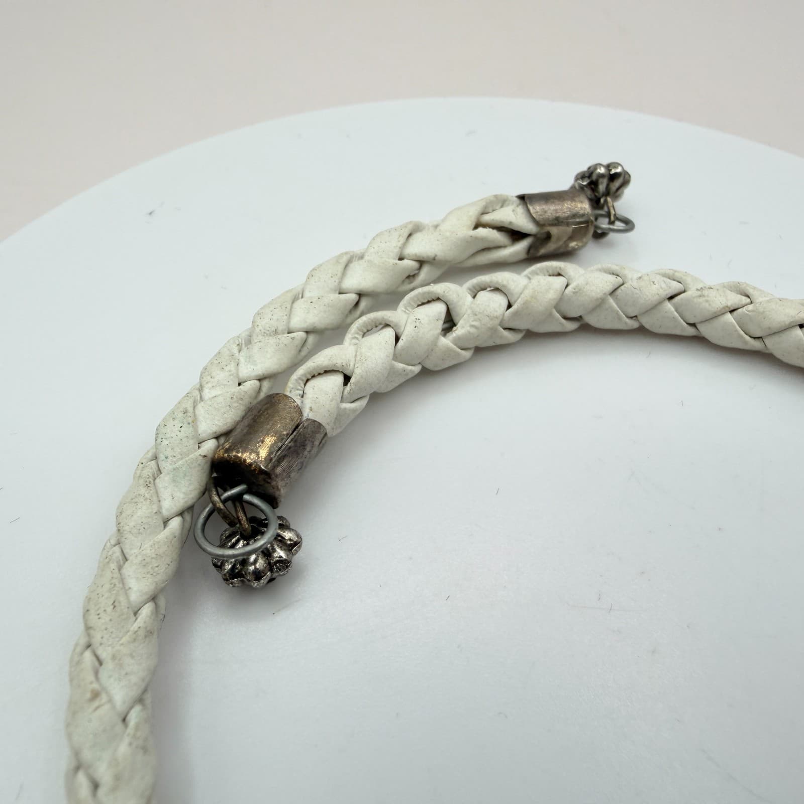 Vintage Y2K Silver Tone White Braided Leather Bracelet Beaded Zebra Stripe Charm - Thumbnail 6