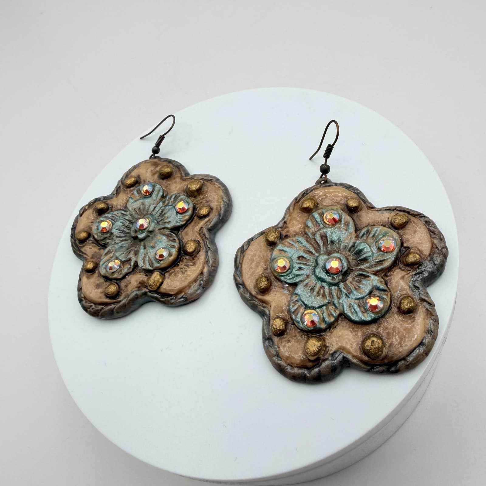 Vintage 90s Flower Drop Earrings Glass Rhinestone Women's Classic Jewelry - Thumbnail 6