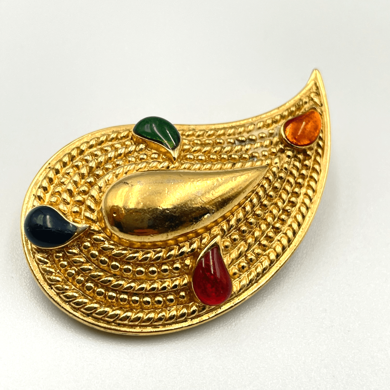 Vintage VTG Teardrop Paisley Brooch Pin Gold Tone Multi-Color Rhinestone - Image 1