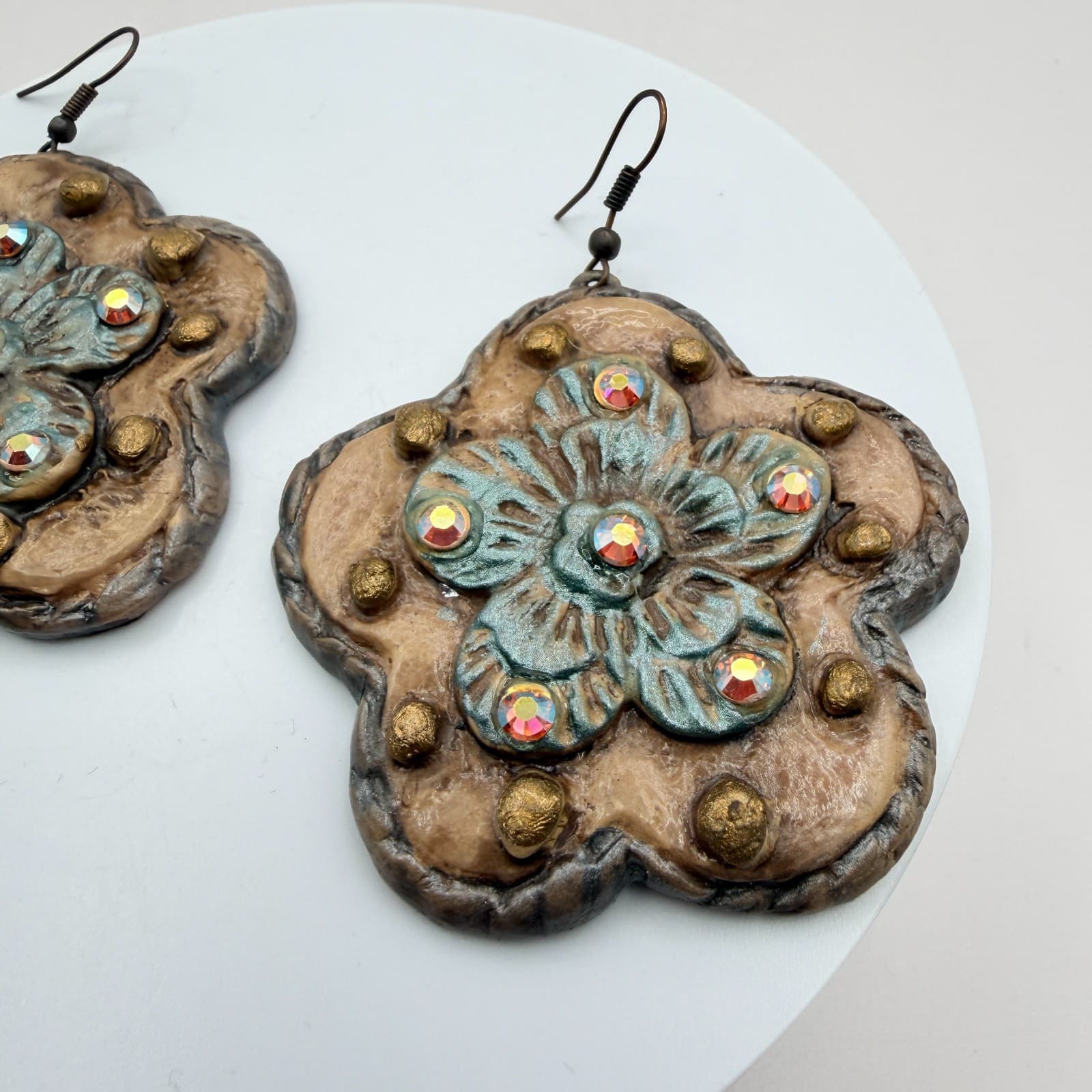 Vintage 90s Flower Drop Earrings Glass Rhinestone Women's Classic Jewelry - Thumbnail 7