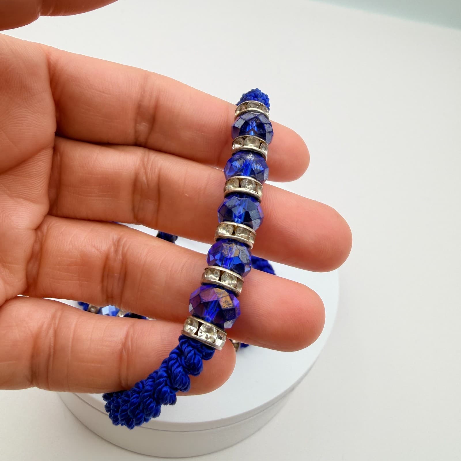 Vintage 90s Blue Beaded Rhinestone Macrame Bracelet 2 Pics Silver Tone Jewelry - Thumbnail 8