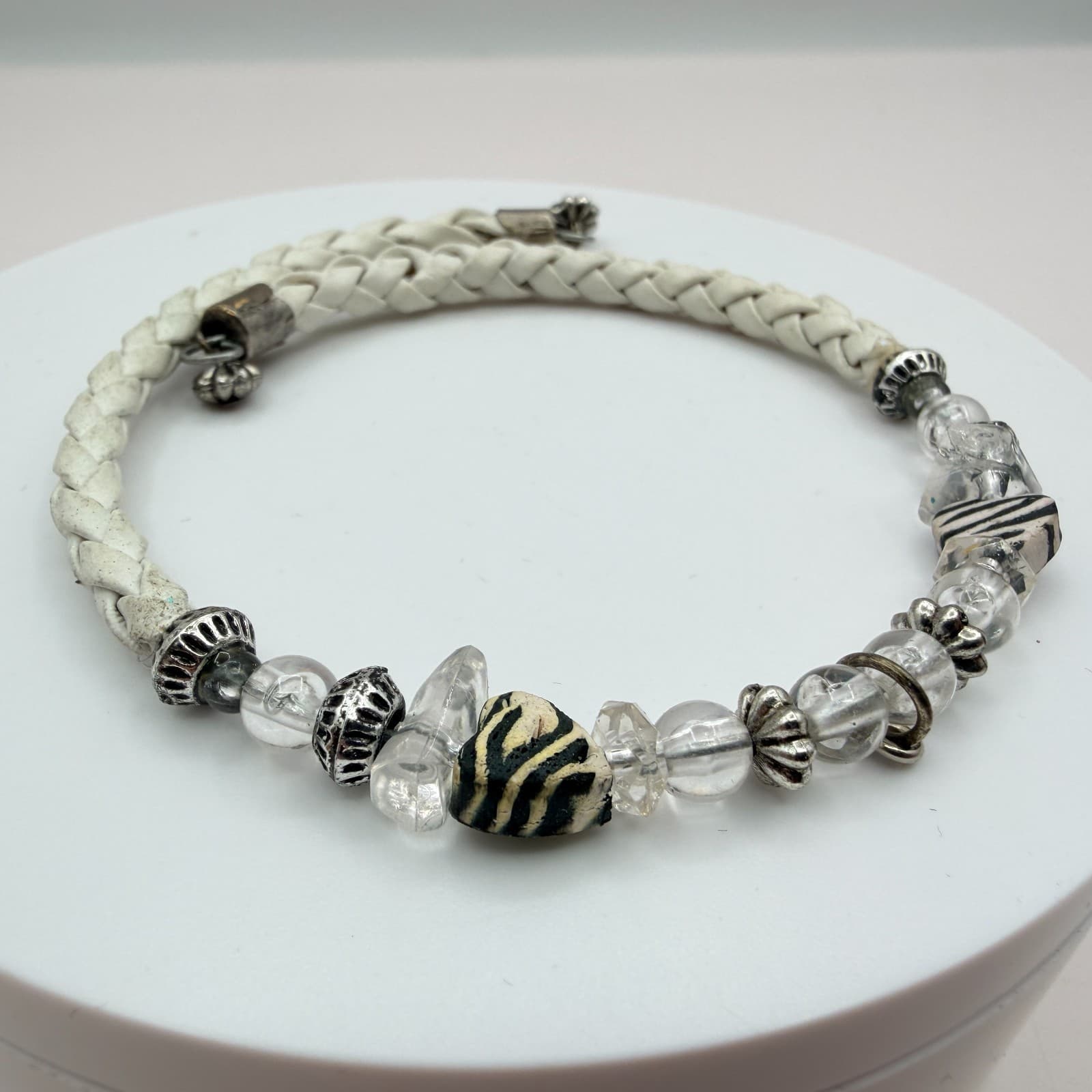 Vintage Y2K Silver Tone White Braided Leather Bracelet Beaded Zebra Stripe Charm - Thumbnail 5