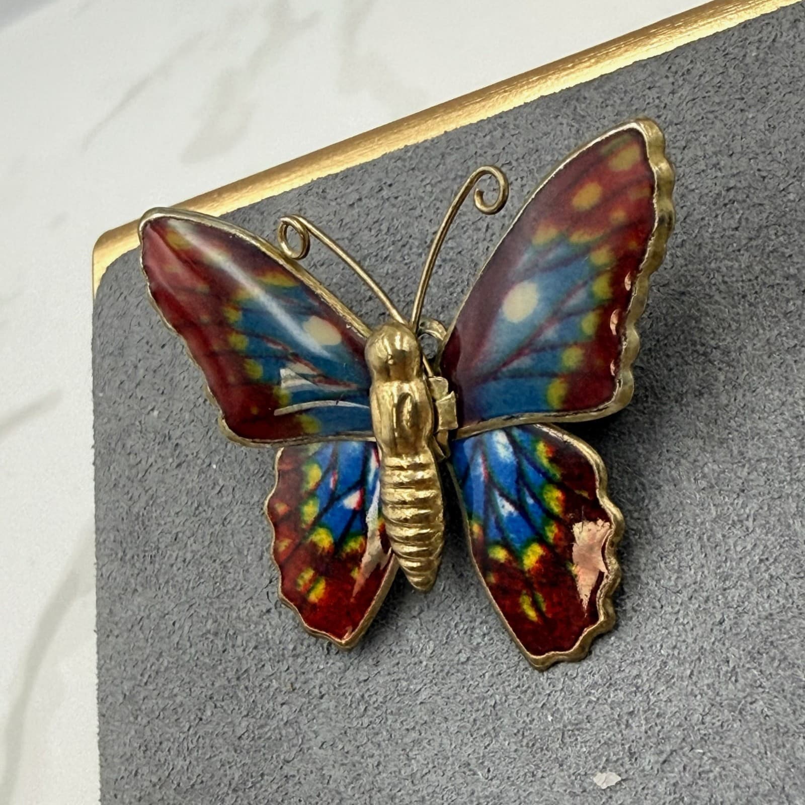 Vintage Butterfly Multicolored Hand-Painted Gold-Toned Retro Enamel Brooch Pin - Thumbnail 5
