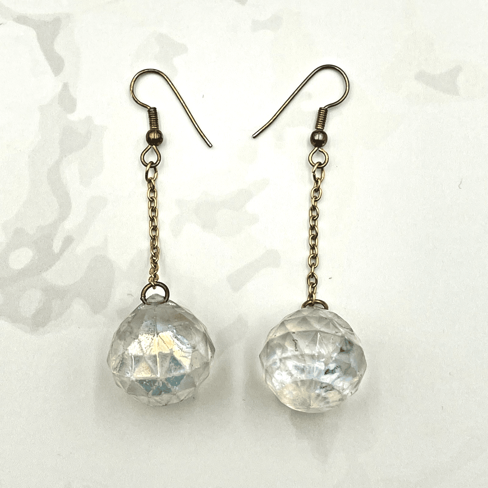 Vintage VTG Gold Tone Chain Dangle Earrings Clear Iridescent Crystal Ball Boho - Image 1