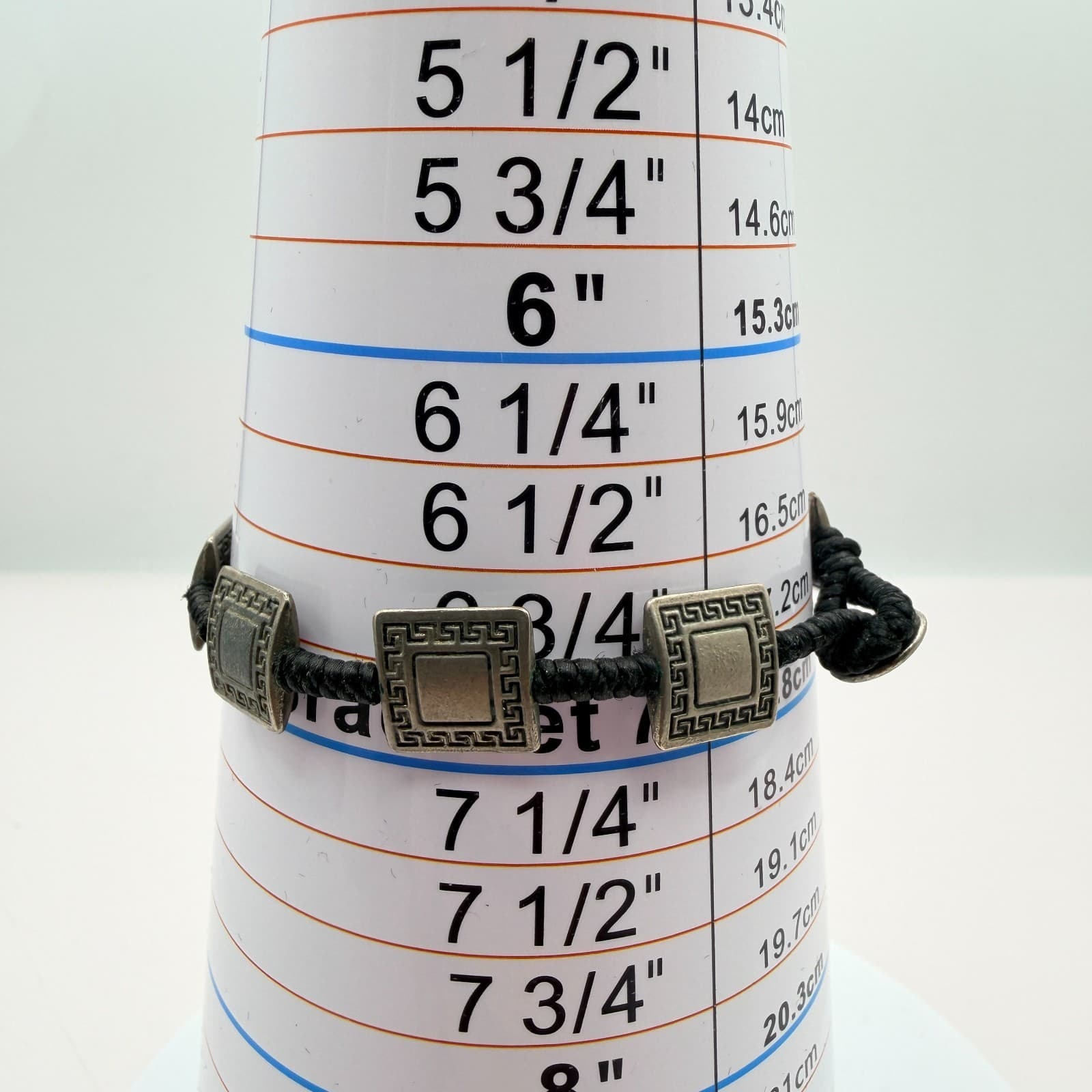 VTG Y2K Silver Tone Square Greek Key Panel Bracelet Black Cord Women's Jewelry - Thumbnail 8