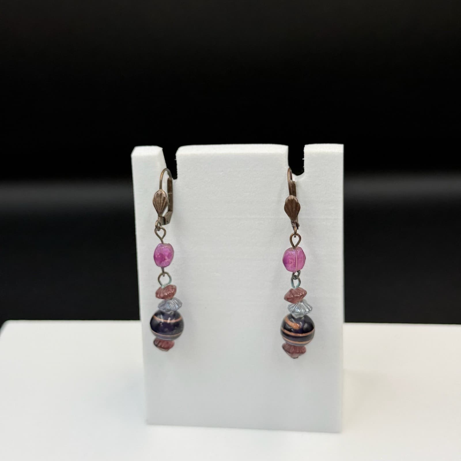 Vintage Purple Glass Lever-Back Beaded Dangle Drop Fashion Bohemian Earrings - Image 1