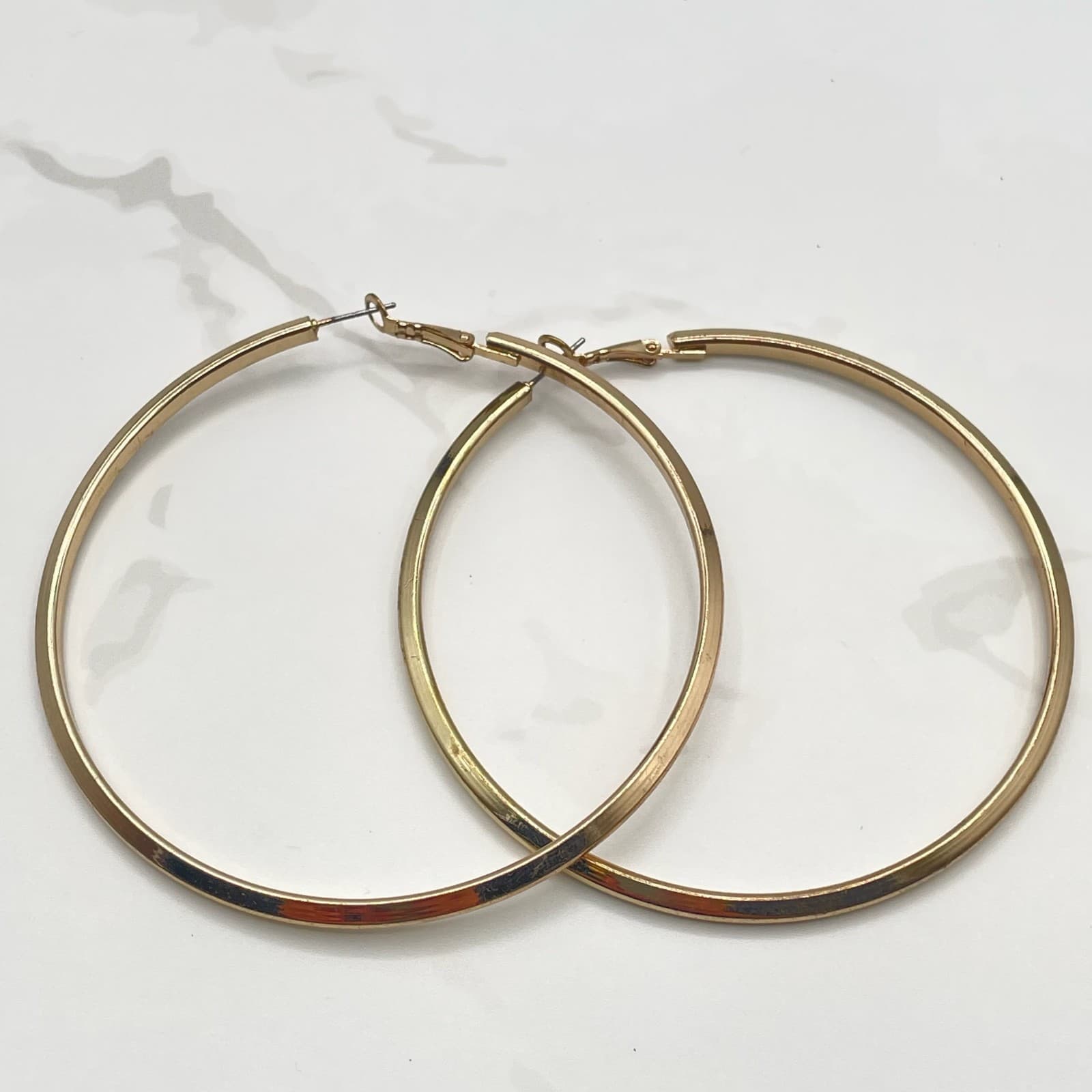Vintage VTG Gold Tone Hoop Earrings Large 3" Oversized Thin Tube Round Circle - Image 1
