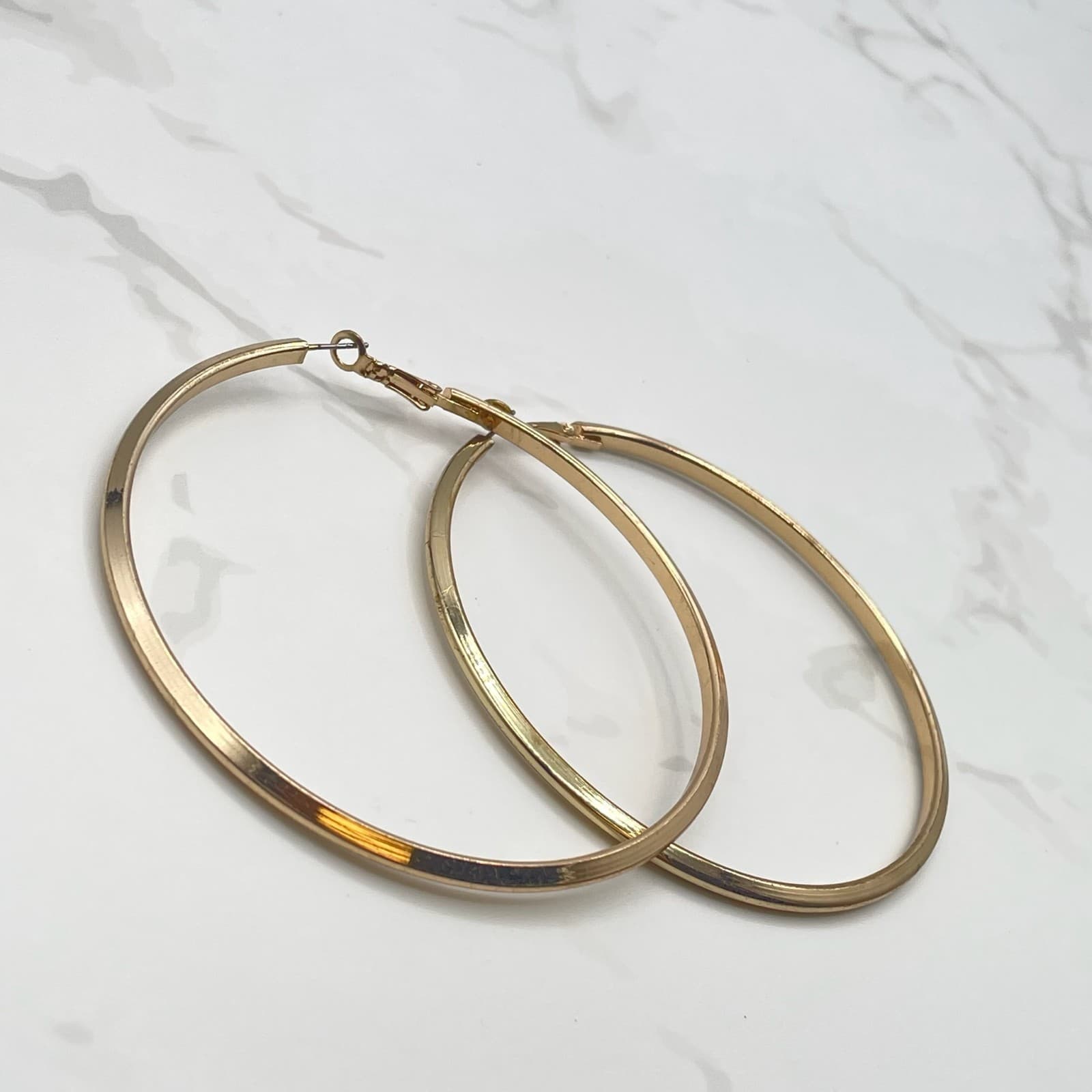 Vintage VTG Gold Tone Hoop Earrings Large 3" Oversized Thin Tube Round Circle - Thumbnail 6