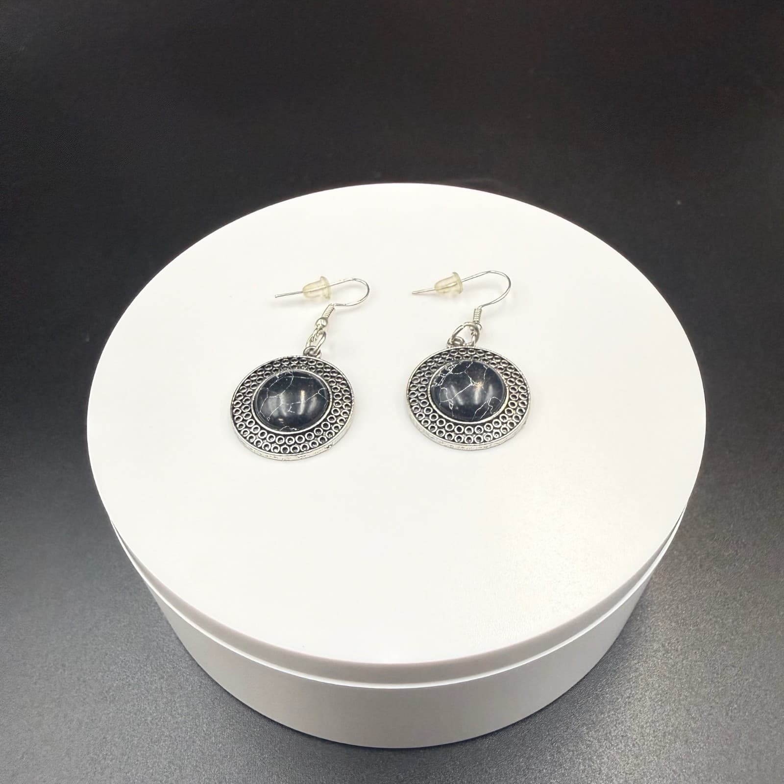 Vintage Round Black Stone Silver-Toned Bohemian Dangle Drop Hook Earrings - Thumbnail 2