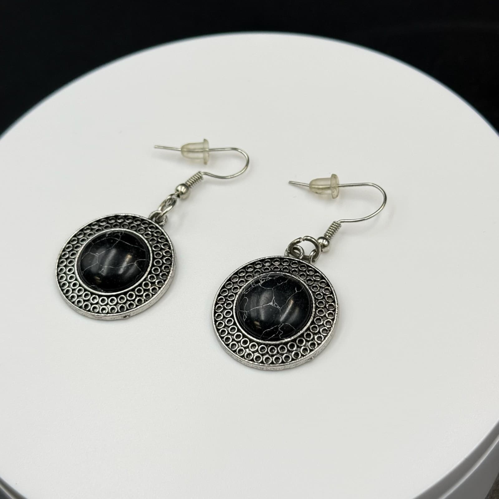 Vintage Round Black Stone Silver-Toned Bohemian Dangle Drop Hook Earrings - Thumbnail 6