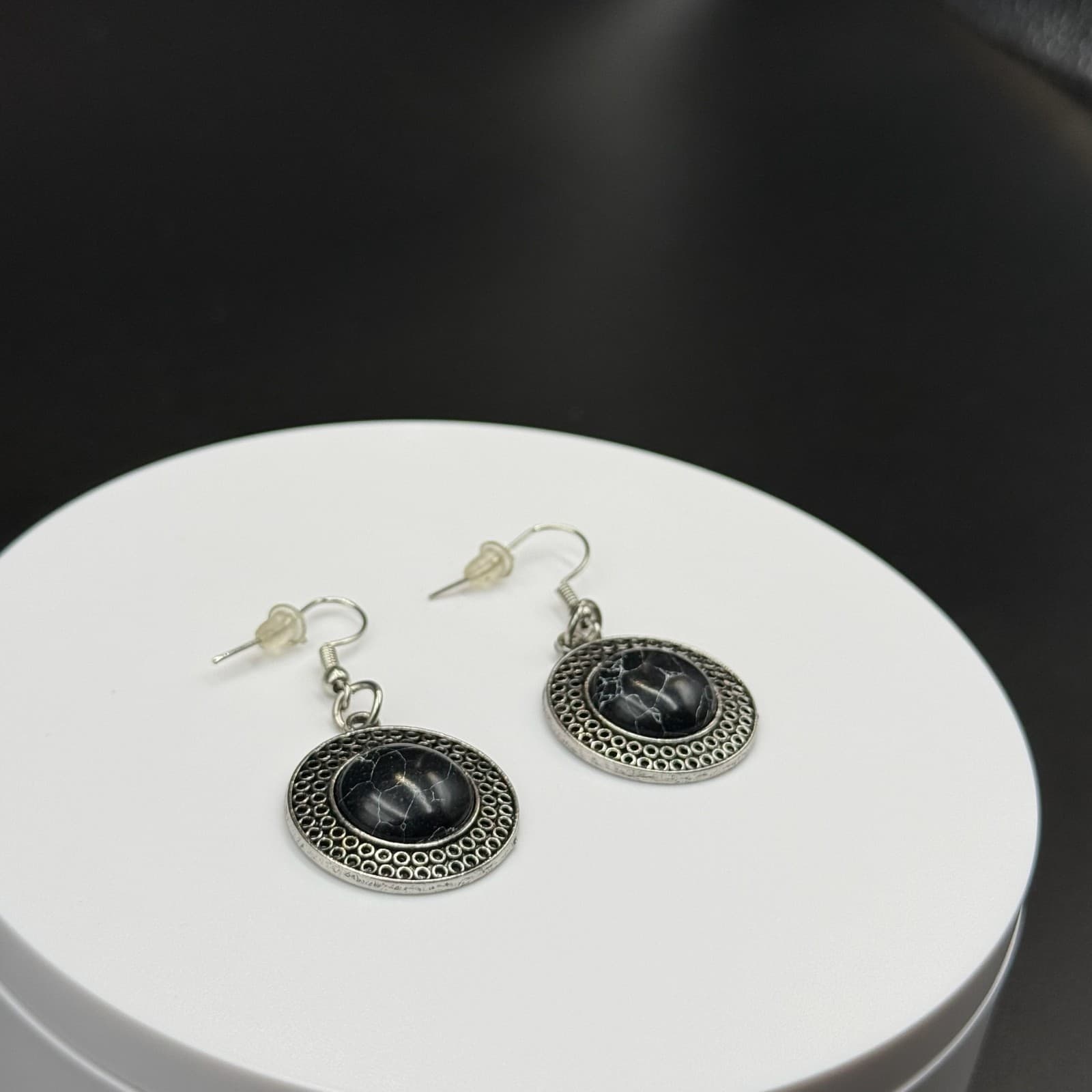 Vintage Round Black Stone Silver-Toned Bohemian Dangle Drop Hook Earrings - Thumbnail 5