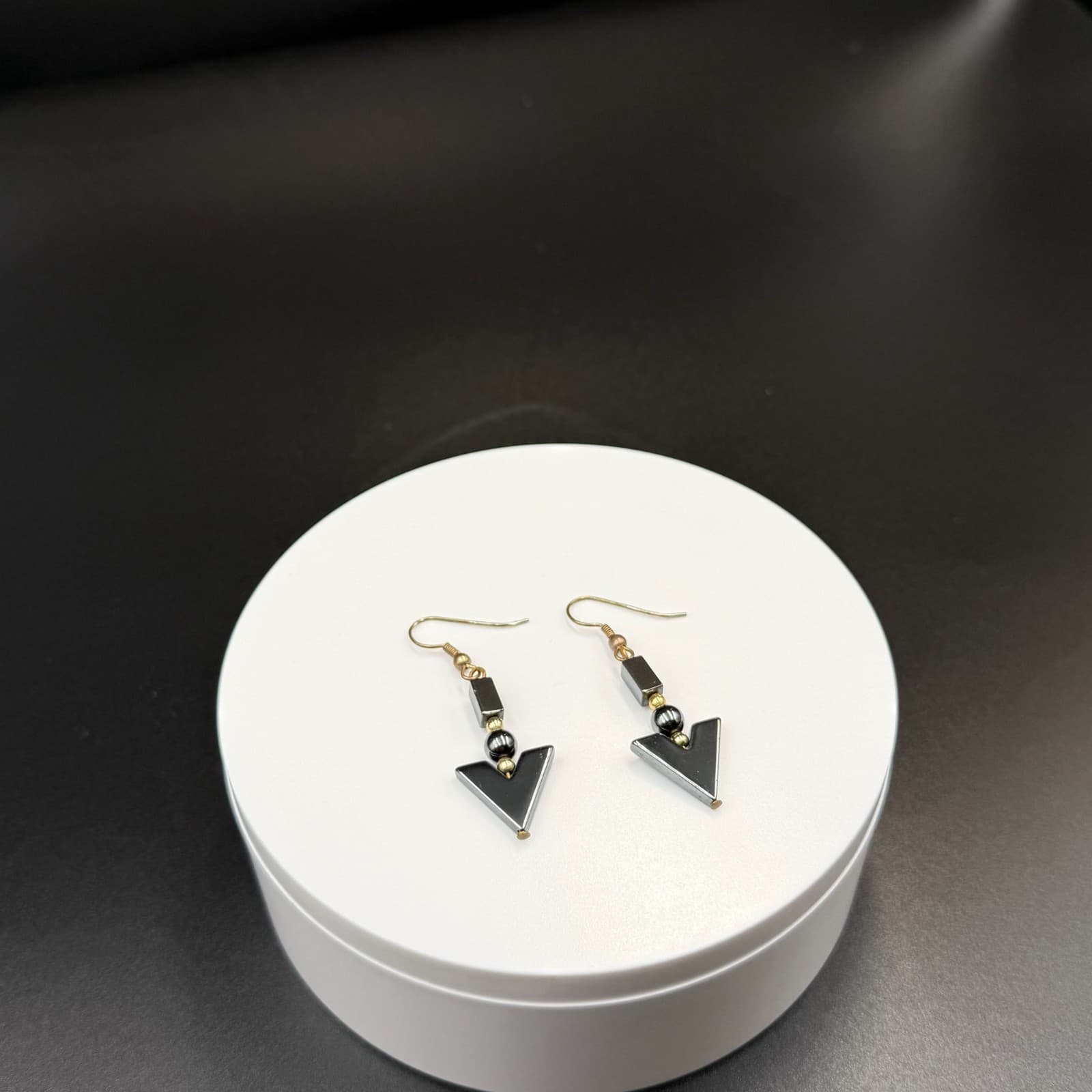 Vintage Black Hematite Geometric Gold-Toned Fashion Dangle Drop Hook Earrings - Thumbnail 2