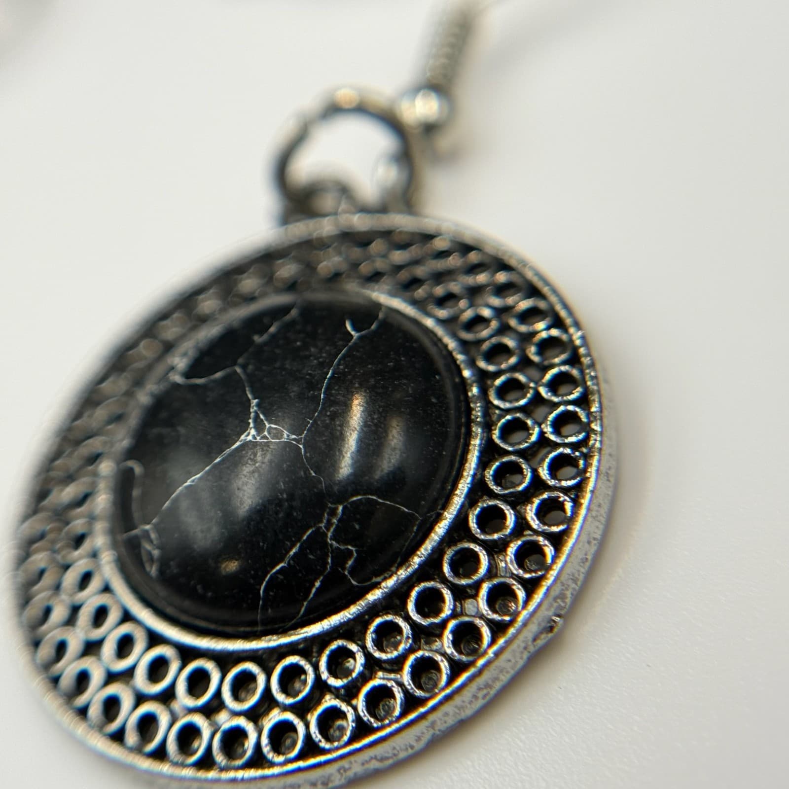 Vintage Round Black Stone Silver-Toned Bohemian Dangle Drop Hook Earrings - Thumbnail 7