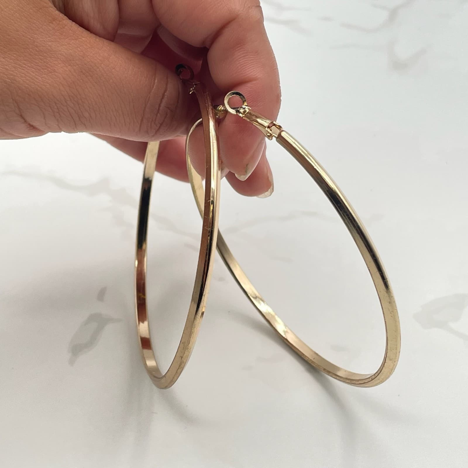 Vintage VTG Gold Tone Hoop Earrings Large 3" Oversized Thin Tube Round Circle - Thumbnail 11