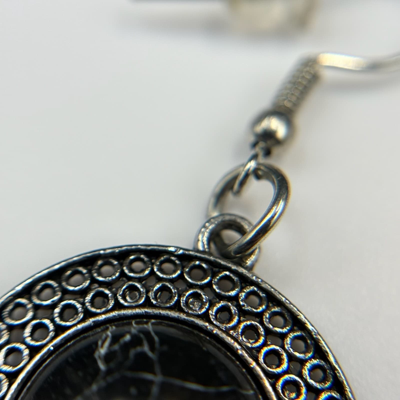 Vintage Round Black Stone Silver-Toned Bohemian Dangle Drop Hook Earrings - Thumbnail 9