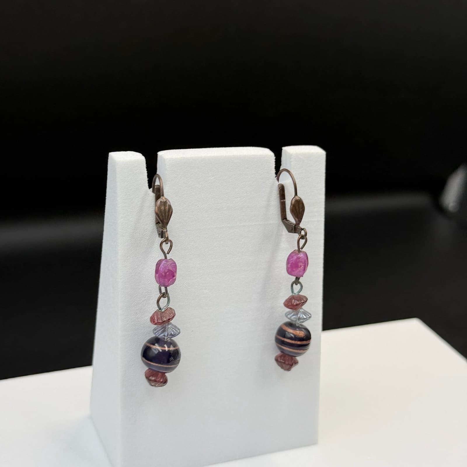 Vintage Purple Glass Lever-Back Beaded Dangle Drop Fashion Bohemian Earrings - Thumbnail 10