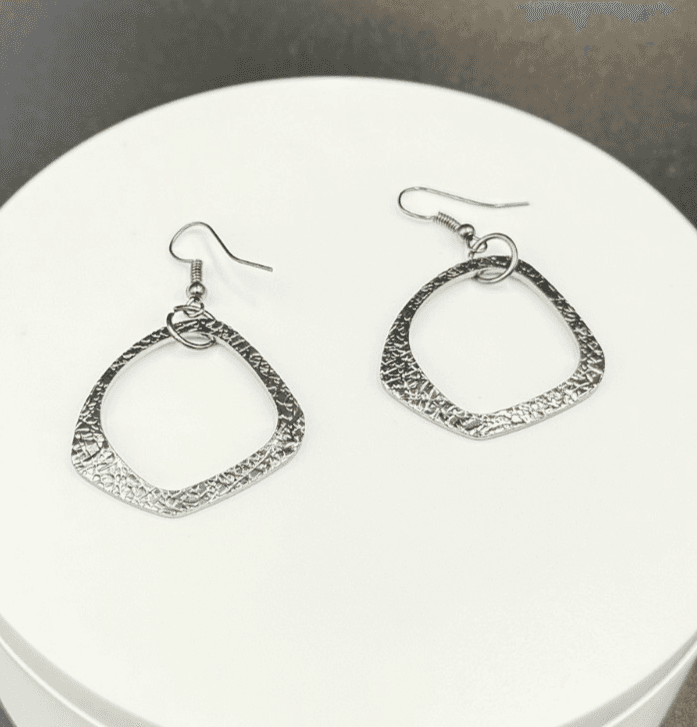Vintage Silver-Toned Textured Finish Rhombus-Shaped Fashion Dangle Hook Earrings - Image 1