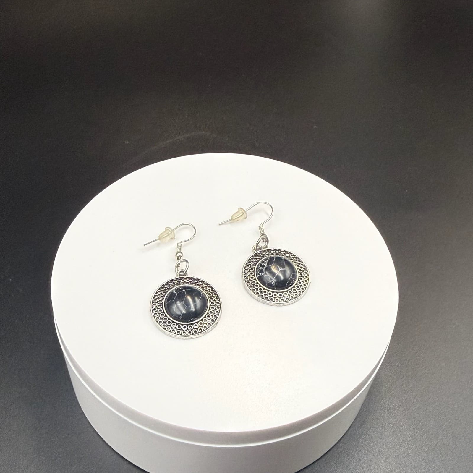 Vintage Round Black Stone Silver-Toned Bohemian Dangle Drop Hook Earrings - Thumbnail 4