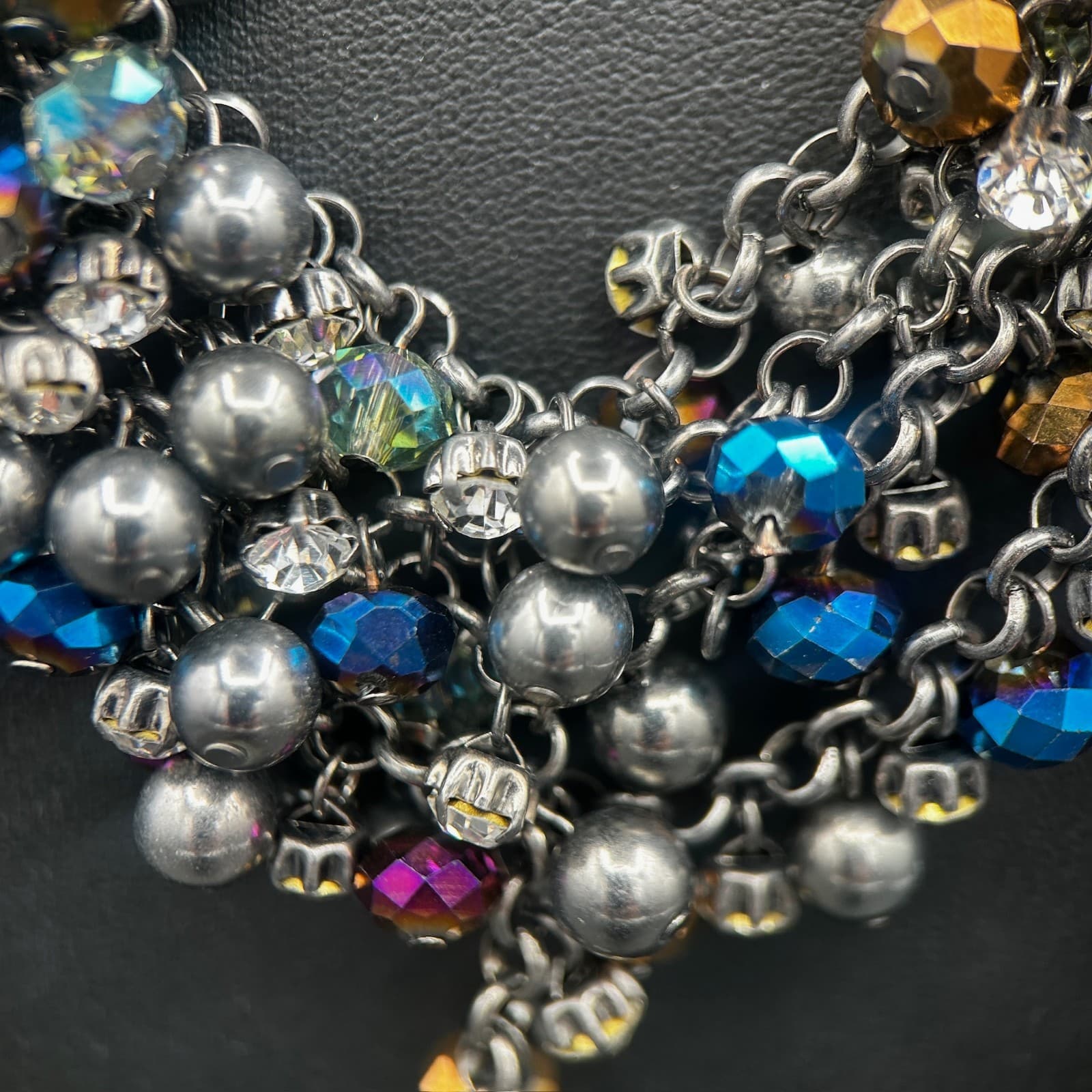 Vintage Gunmetal Cluster Statement Necklace Multicolor Beads 18in - Thumbnail 3