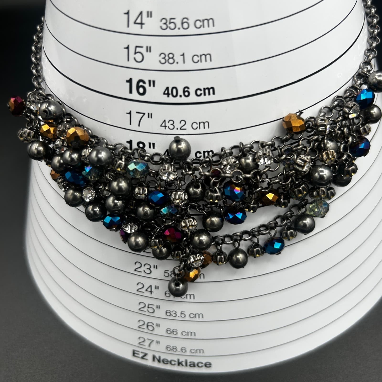 Vintage Gunmetal Cluster Statement Necklace Multicolor Beads 18in - Thumbnail 2