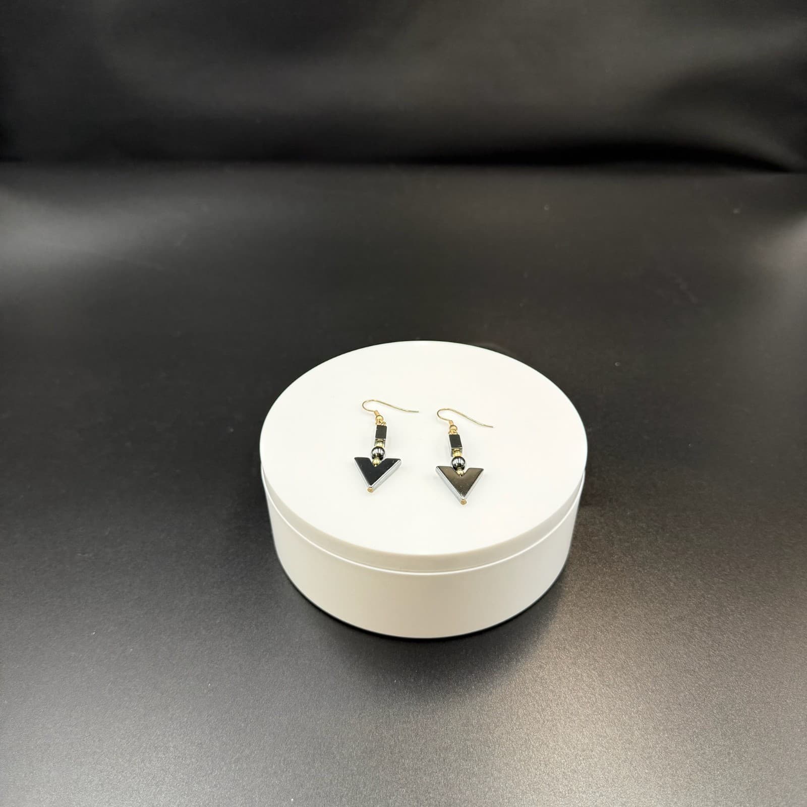 Vintage Black Hematite Geometric Gold-Toned Fashion Dangle Drop Hook Earrings - Thumbnail 3