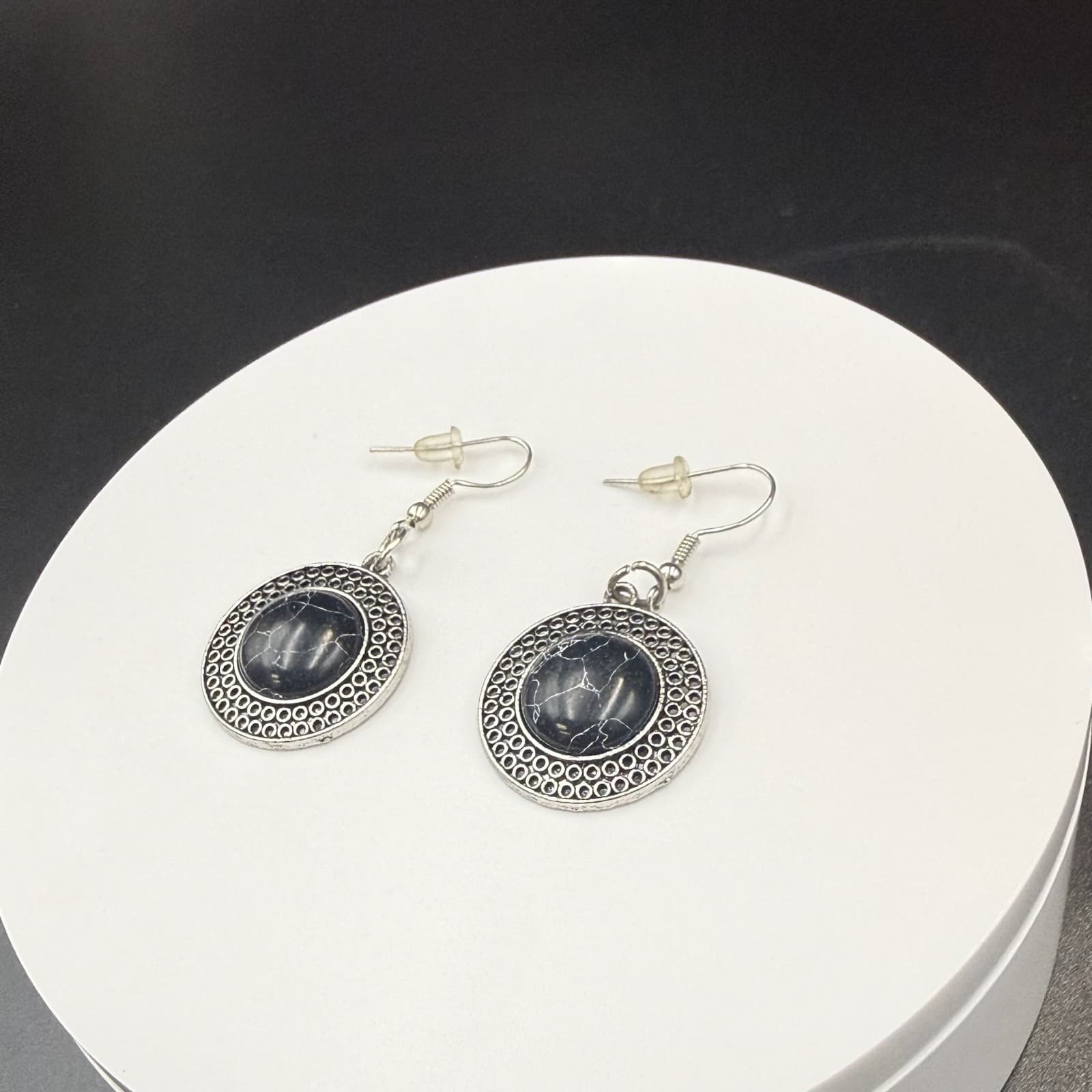 Vintage Round Black Stone Silver-Toned Bohemian Dangle Drop Hook Earrings - Thumbnail 3