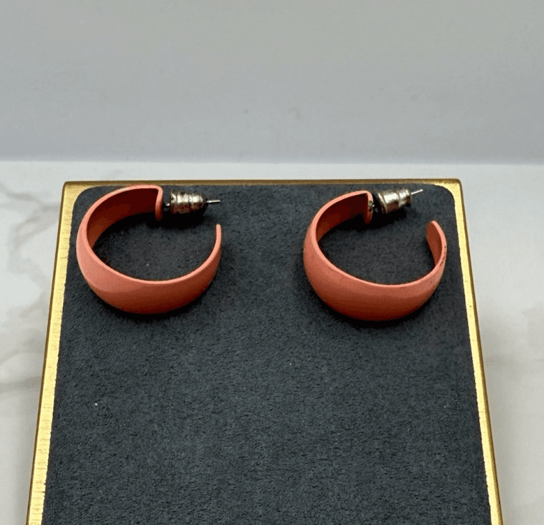 Vintage Coral Pink Silver-Toned U-Shaped Fashion Clip-On Stud Hoop Earrings - Thumbnail 2