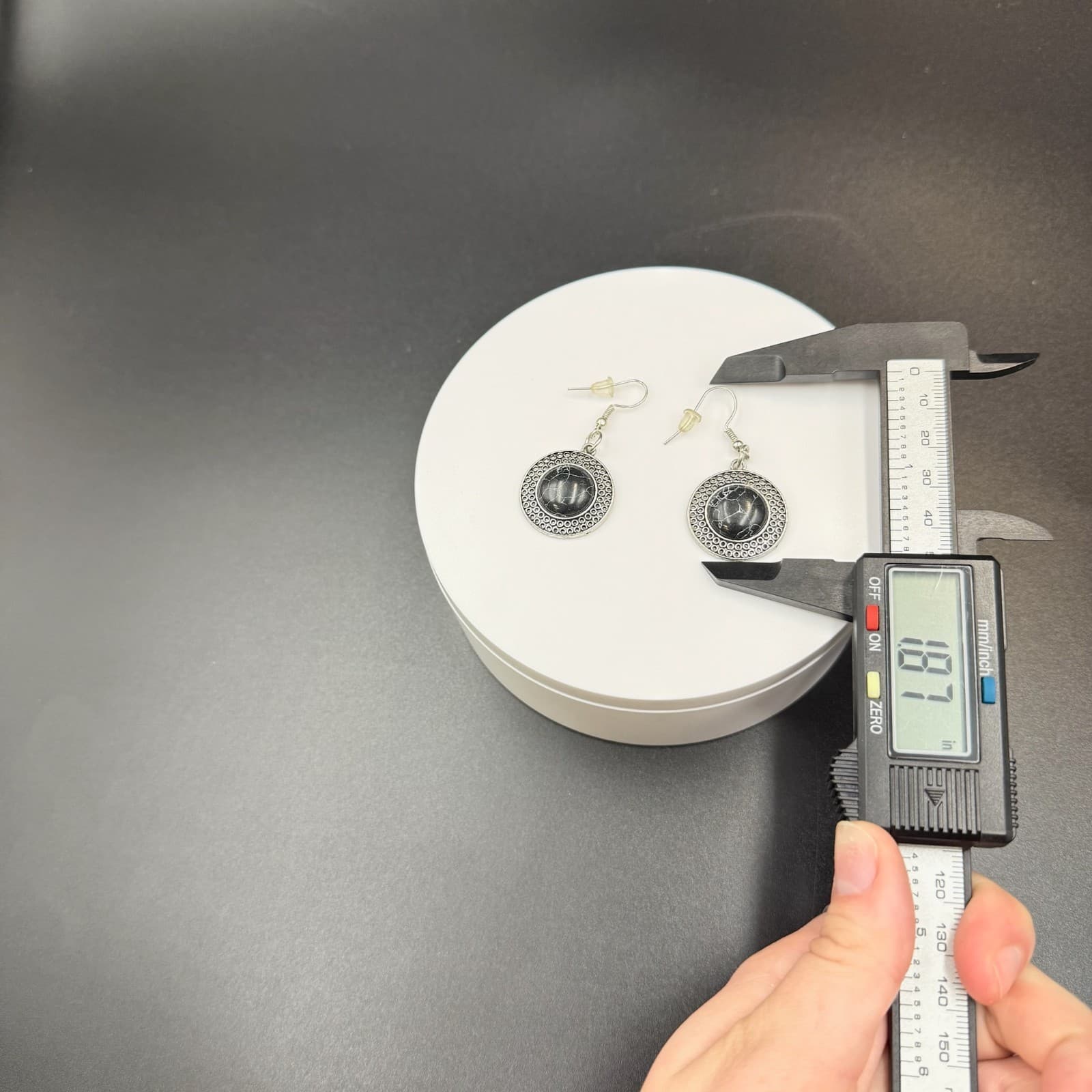 Vintage Round Black Stone Silver-Toned Bohemian Dangle Drop Hook Earrings - Thumbnail 10