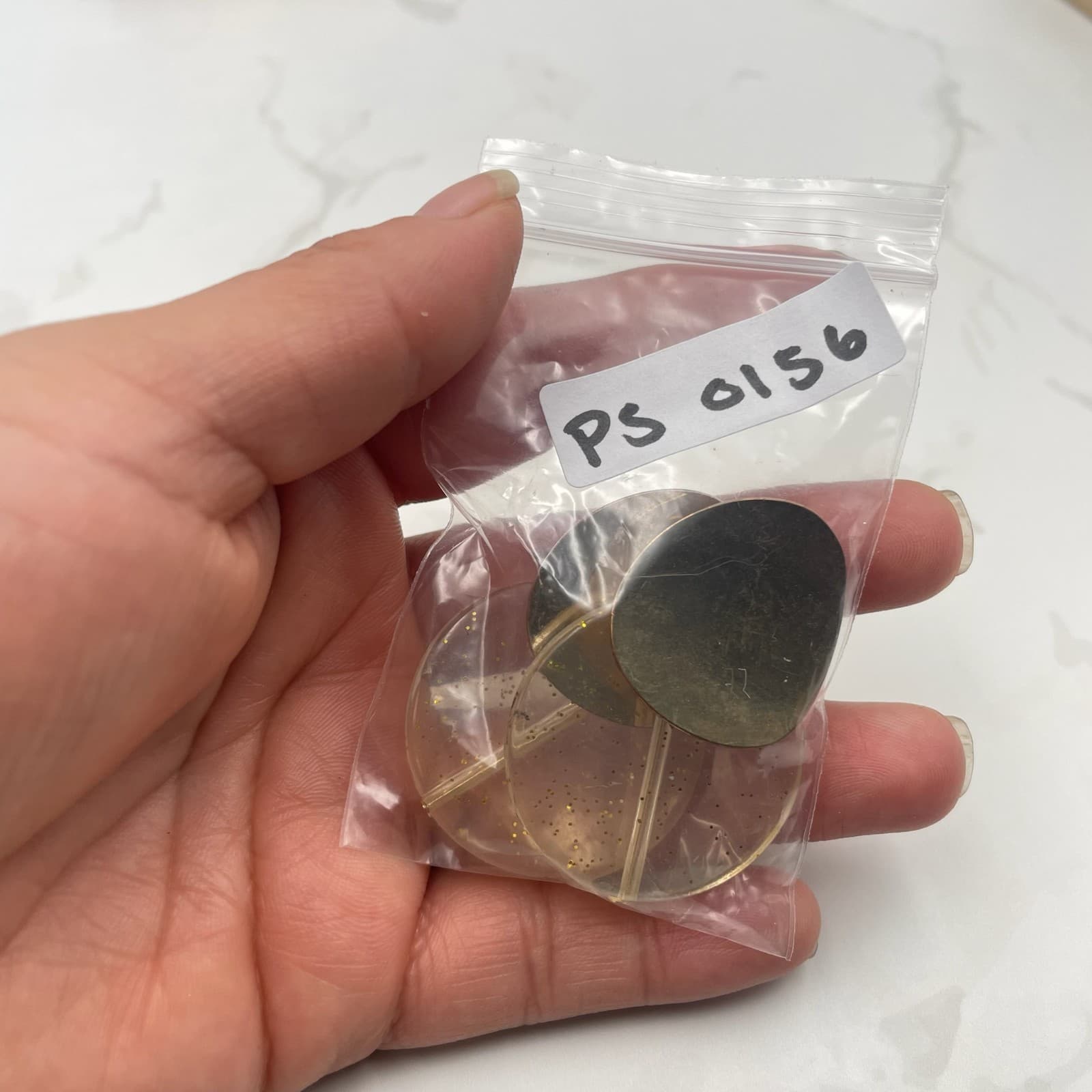 Vintage VTG Lucite Earrings Gold Tone Disc Drop Clear Glitter Acrylic Large - Thumbnail 2