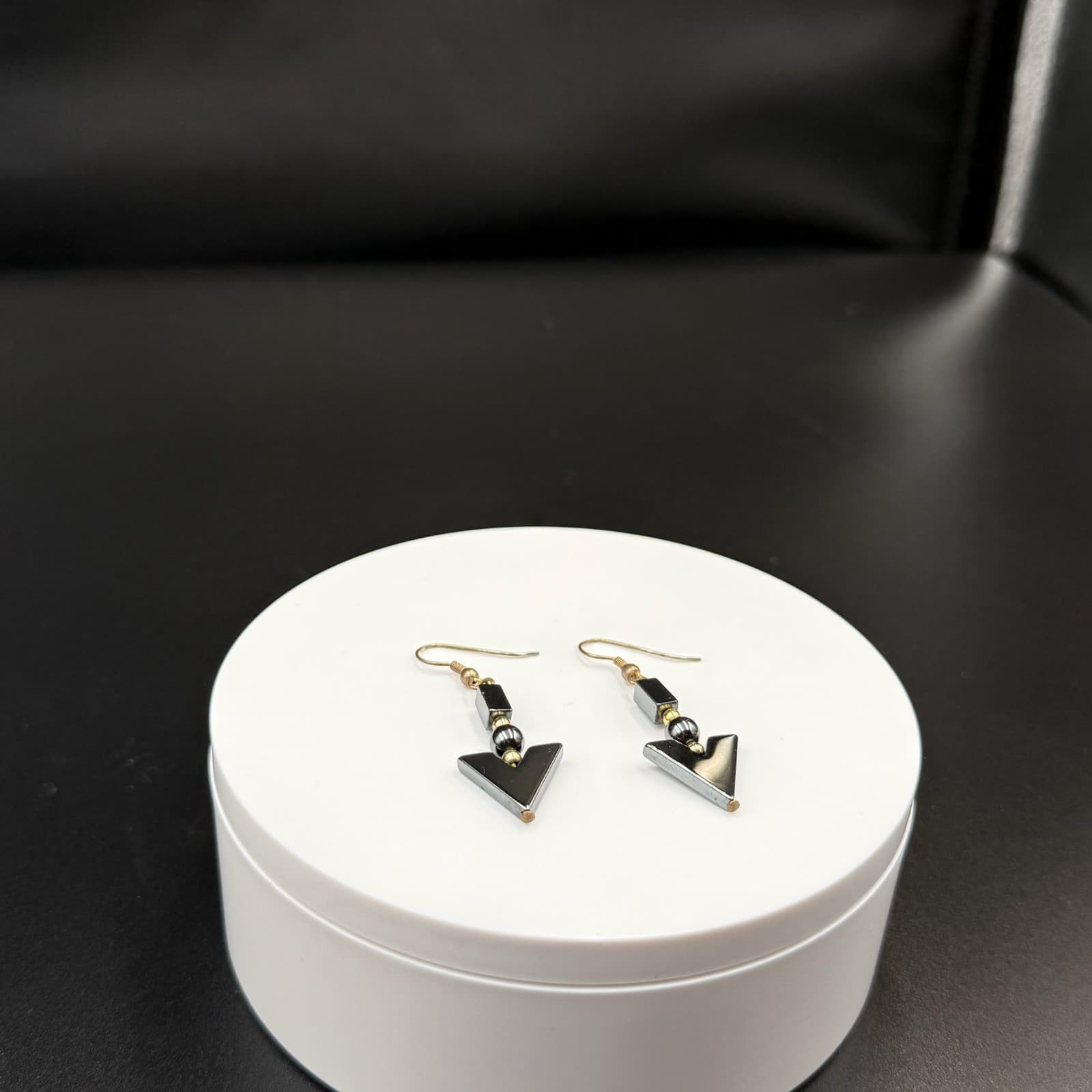 Vintage Black Hematite Geometric Gold-Toned Fashion Dangle Drop Hook Earrings - Thumbnail 5