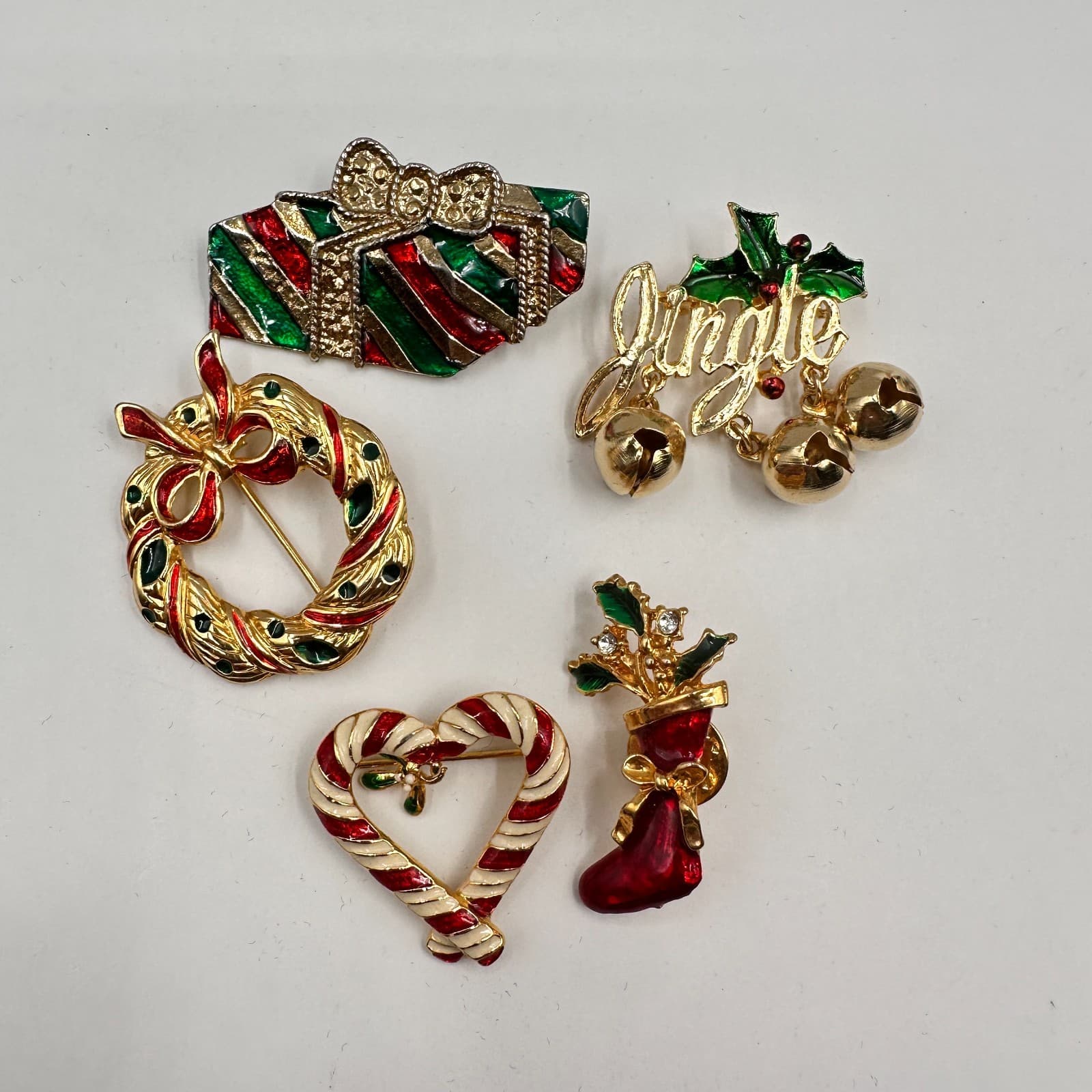 Vintage 80s 90s Christmas Brooch Pins Set Enamel Gold Tone Wreath Bells Heart - Thumbnail 2