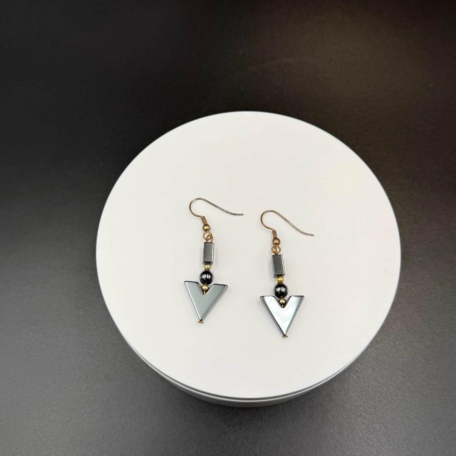 Vintage Black Hematite Geometric Gold-Toned Fashion Dangle Drop Hook Earrings - Thumbnail 6