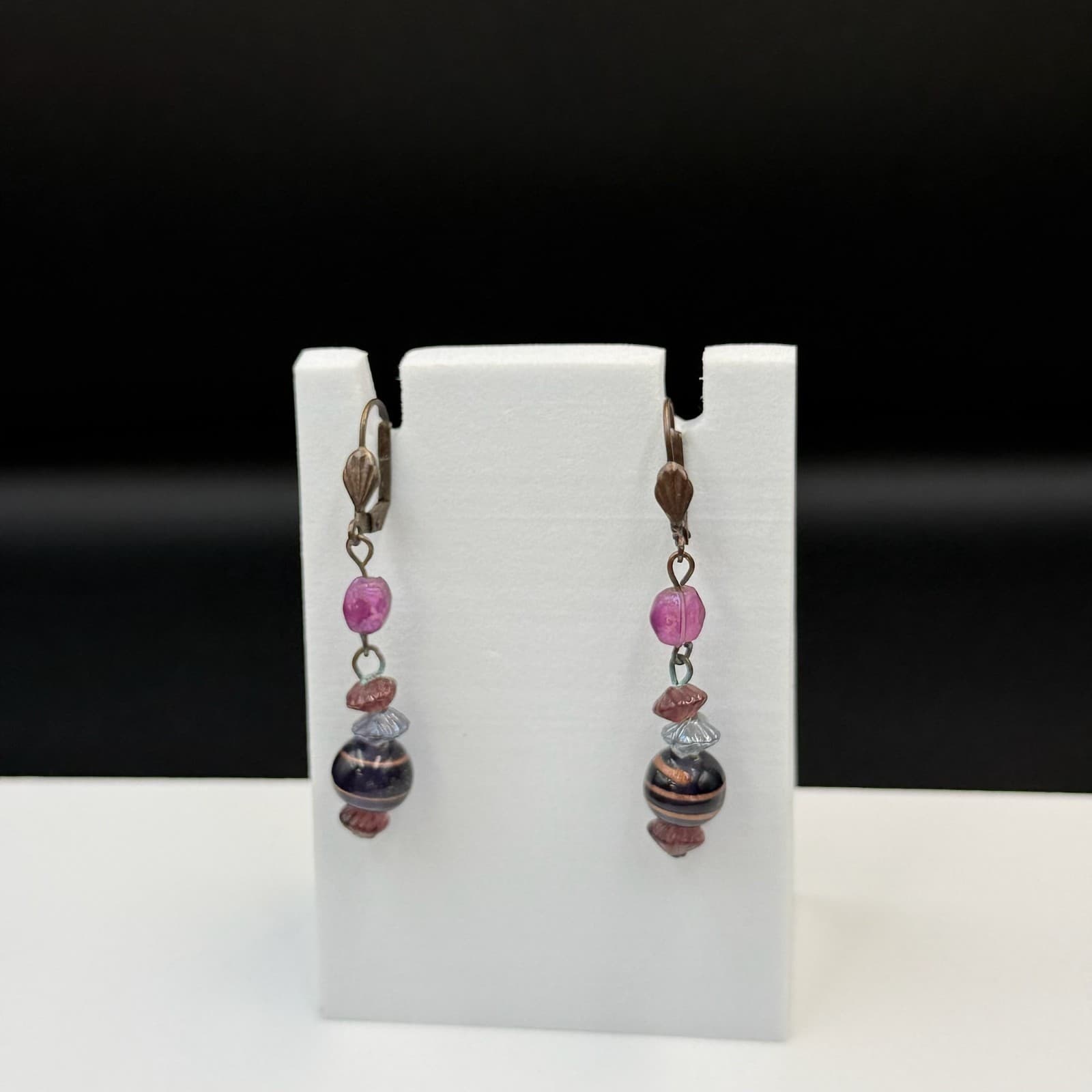 Vintage Purple Glass Lever-Back Beaded Dangle Drop Fashion Bohemian Earrings - Thumbnail 11