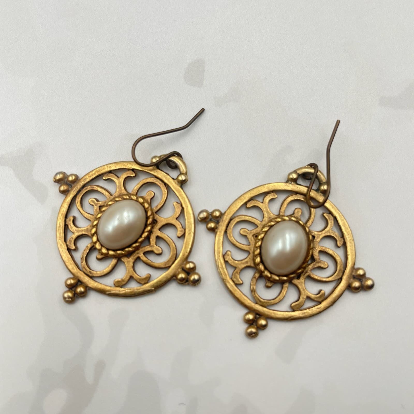 Vintage VTG Faux Pearl Drop Earrings Gold Tone Filigree Bohemian Round Dangle - Image 1