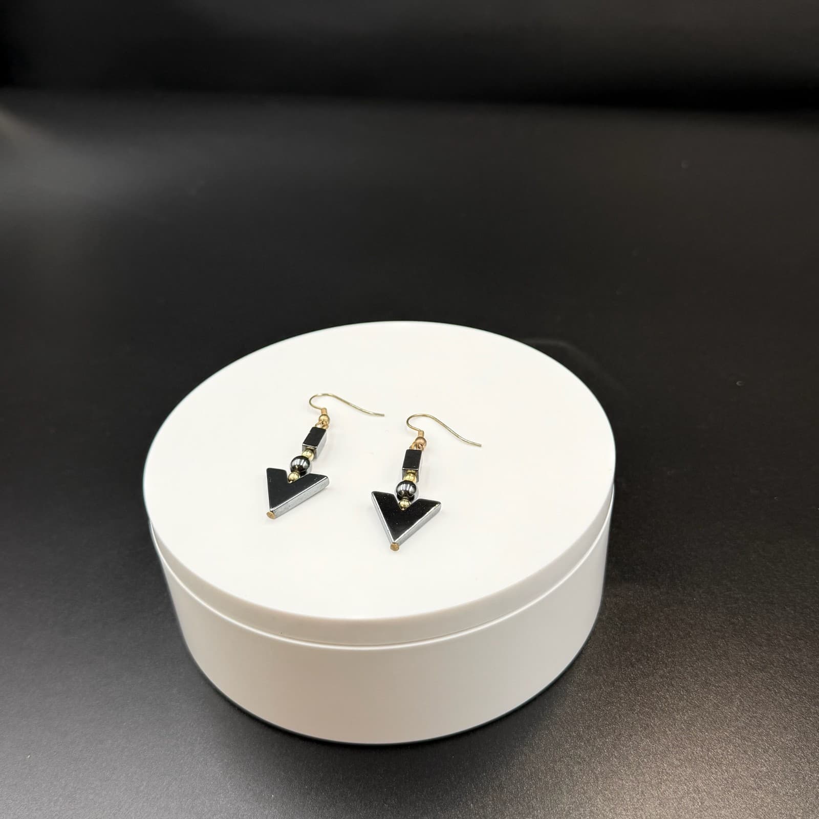 Vintage Black Hematite Geometric Gold-Toned Fashion Dangle Drop Hook Earrings - Thumbnail 4