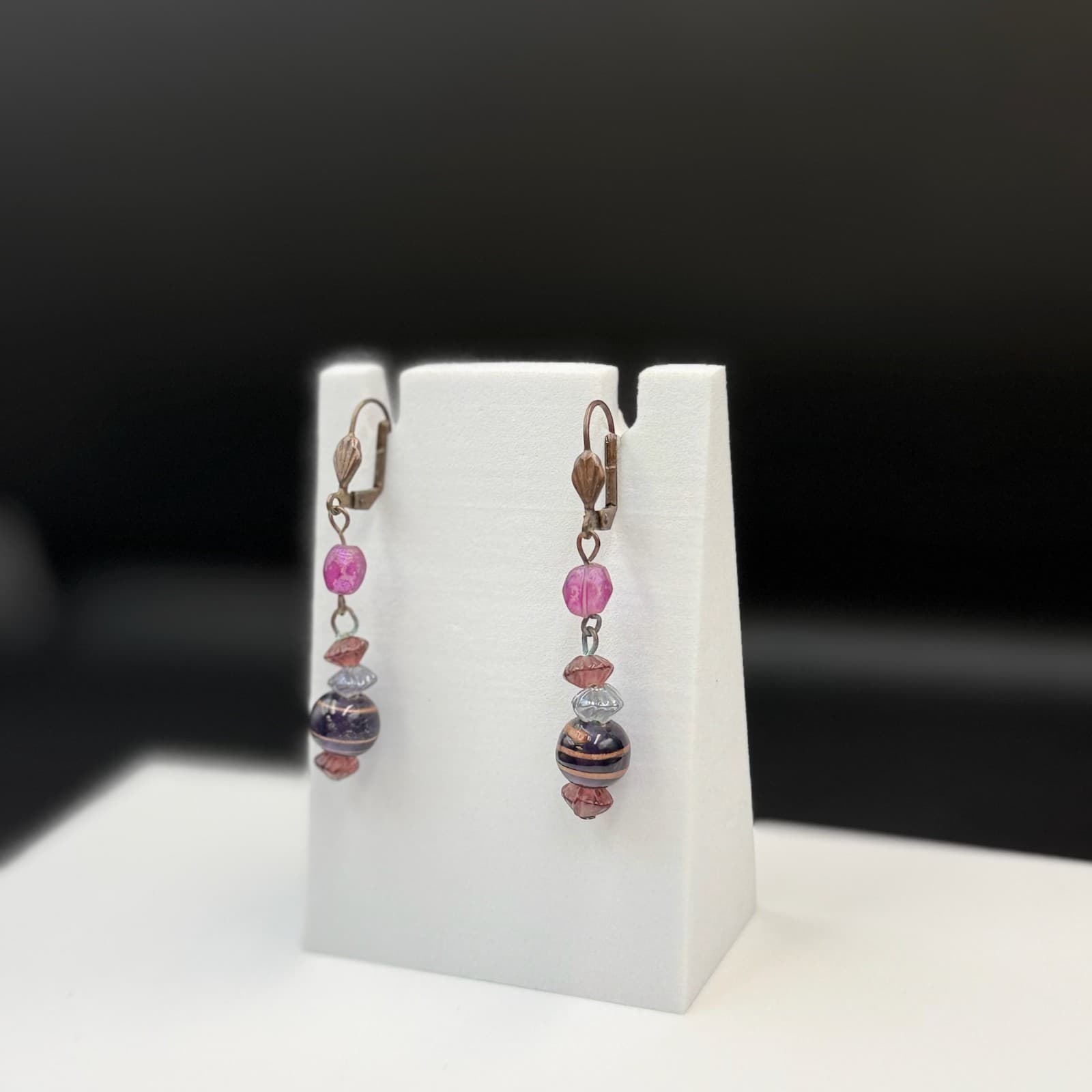 Vintage Purple Glass Lever-Back Beaded Dangle Drop Fashion Bohemian Earrings - Thumbnail 5