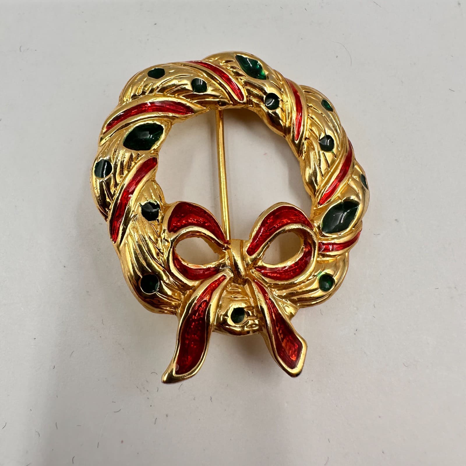 Vintage 80s 90s Christmas Brooch Pins Set Enamel Gold Tone Wreath Bells Heart - Thumbnail 3