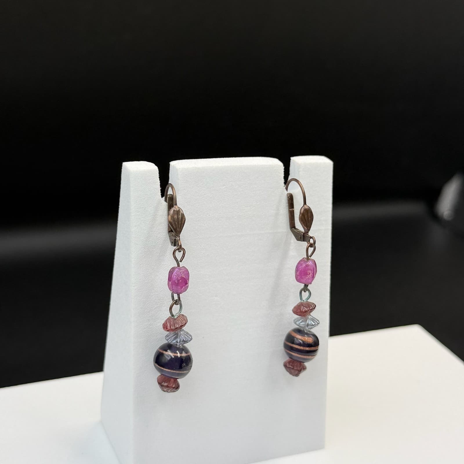 Vintage Purple Glass Lever-Back Beaded Dangle Drop Fashion Bohemian Earrings - Thumbnail 9